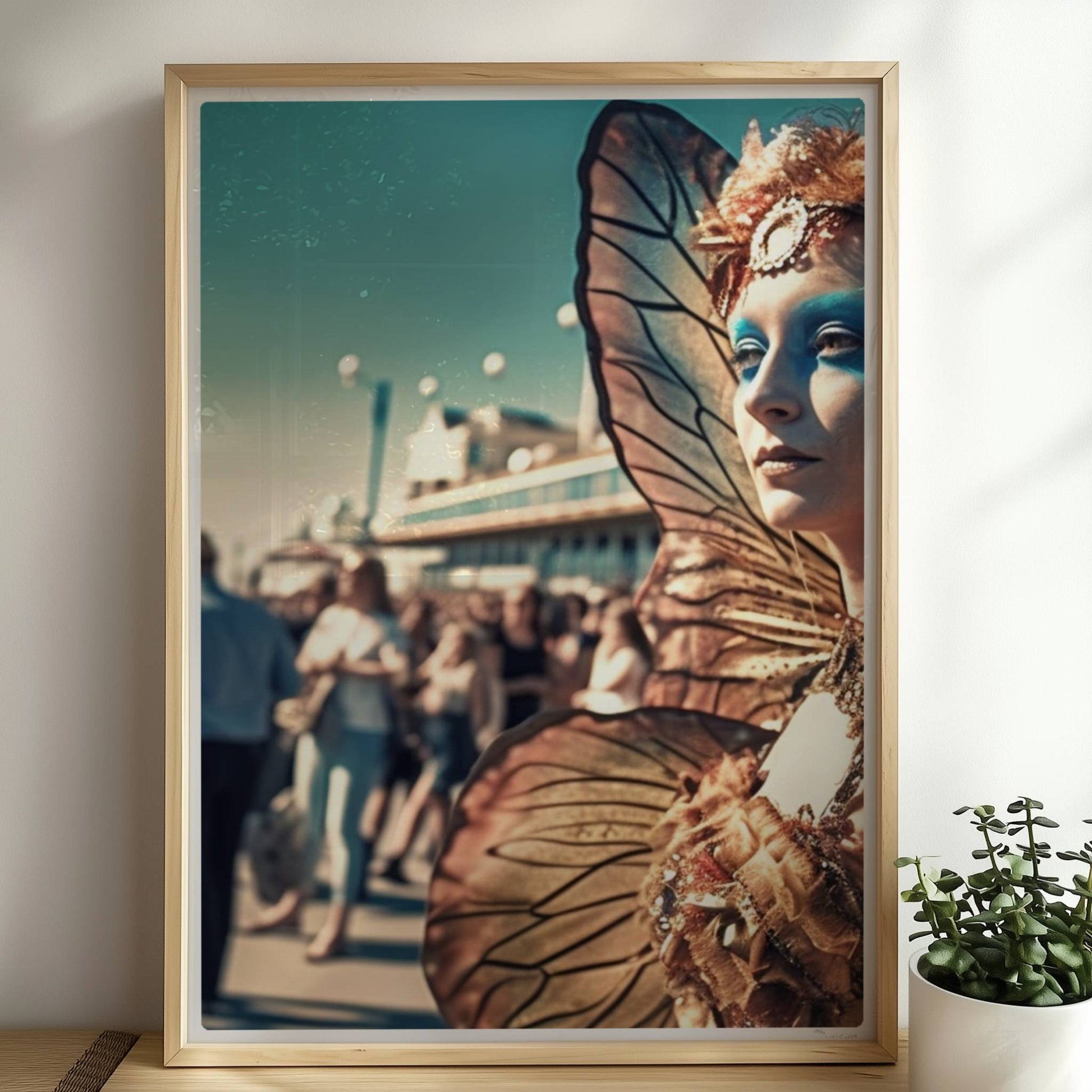 Frau in aufwändigem goldenen Schmetterlingskostüm mit leuchtenden Flügeln und blauer Gesichtsbemalung, auf einem belebten Festival.. Rahmen natur 50x70