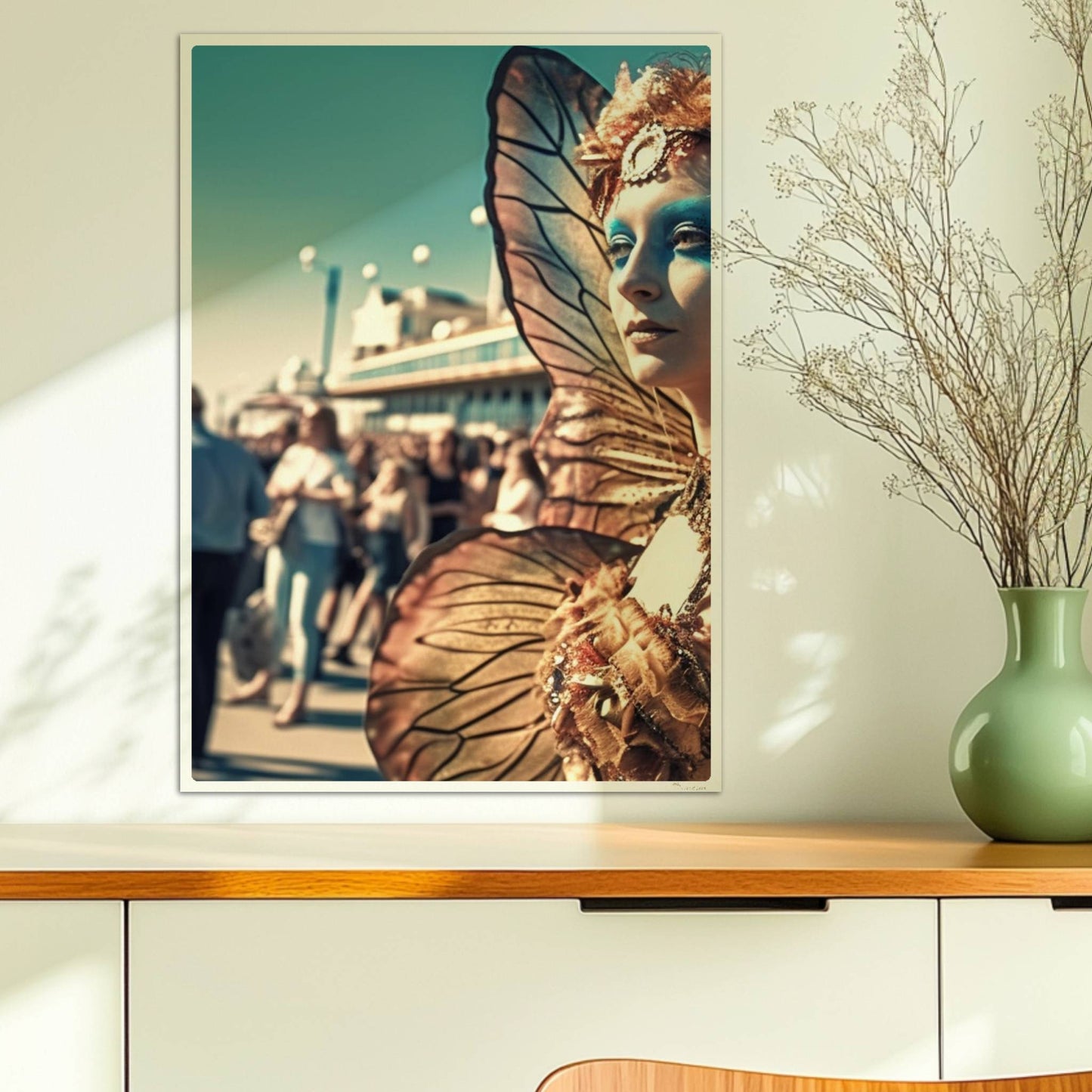 Frau in aufwändigem goldenen Schmetterlingskostüm mit leuchtenden Flügeln und blauer Gesichtsbemalung, auf einem belebten Festival.. Ohne Rahmen 50x70