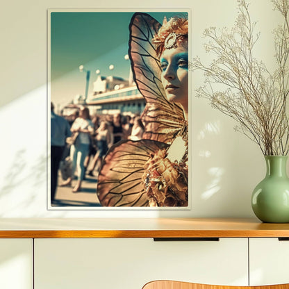 Frau in aufwändigem goldenen Schmetterlingskostüm mit leuchtenden Flügeln und blauer Gesichtsbemalung, auf einem belebten Festival.. Ohne Rahmen 50x70