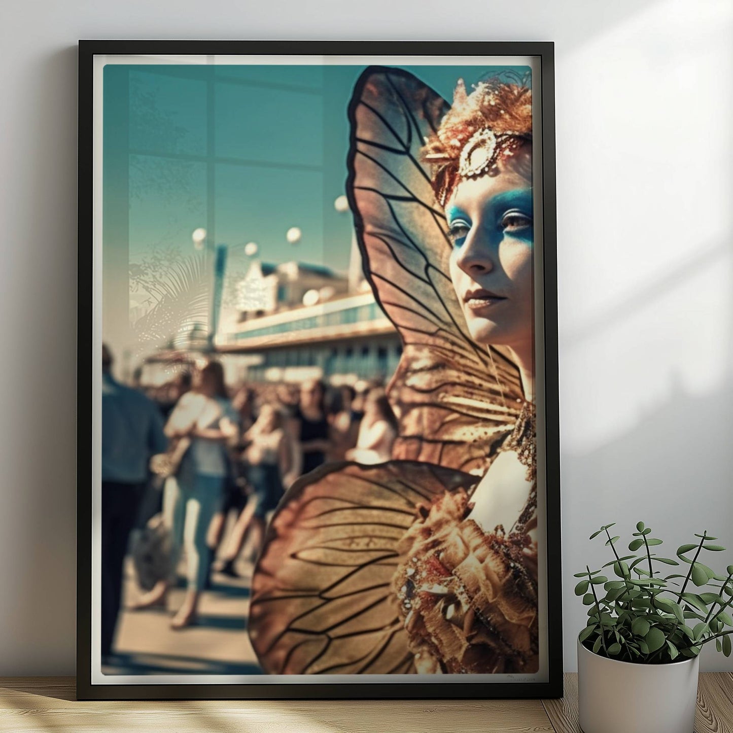 Frau in aufwändigem goldenen Schmetterlingskostüm mit leuchtenden Flügeln und blauer Gesichtsbemalung, auf einem belebten Festival.. Rahmen schwarz 50x70