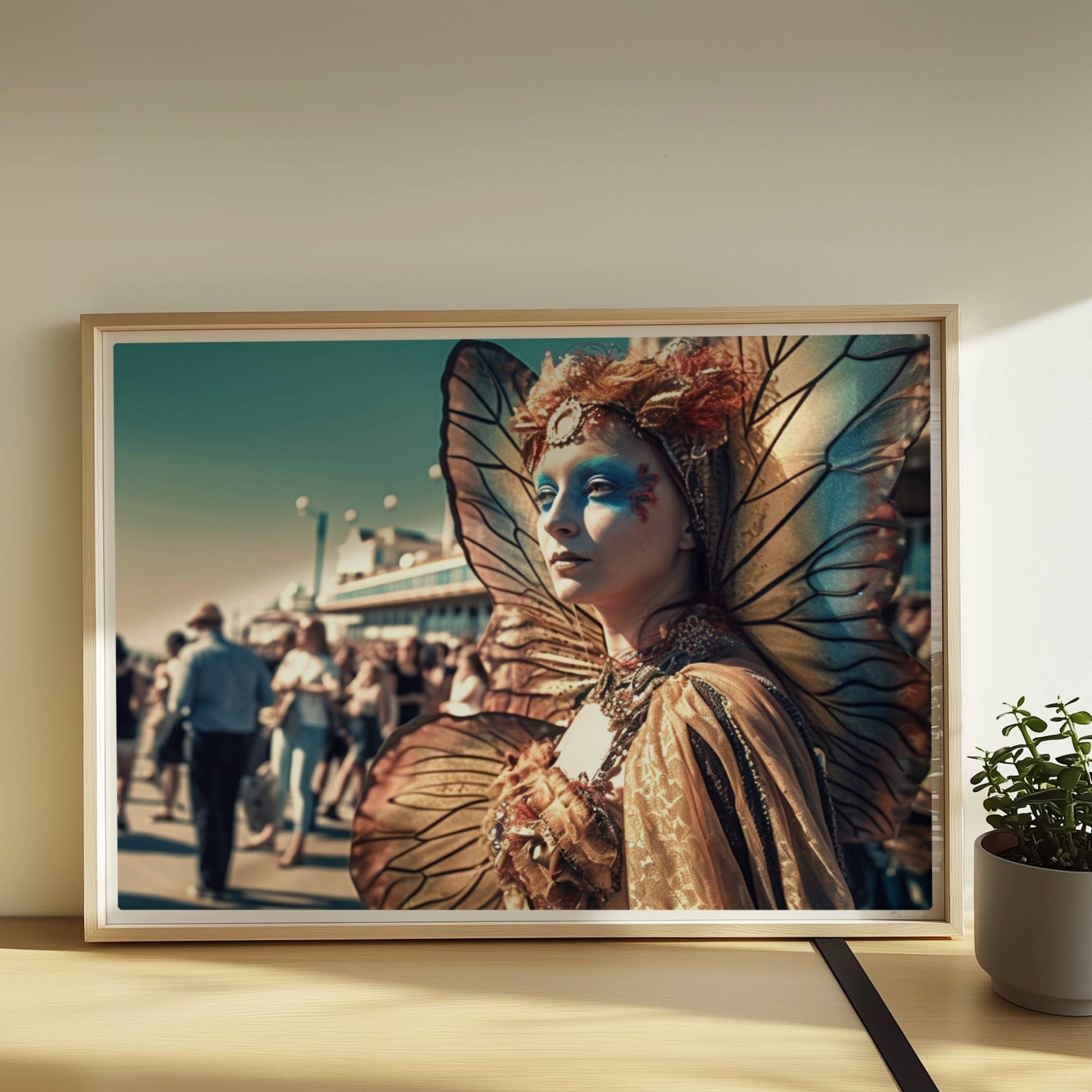 Frau in aufwändigem goldenen Schmetterlingskostüm mit leuchtenden Flügeln und blauer Gesichtsbemalung, auf einem belebten Festival.. Rahmen natur 70x50