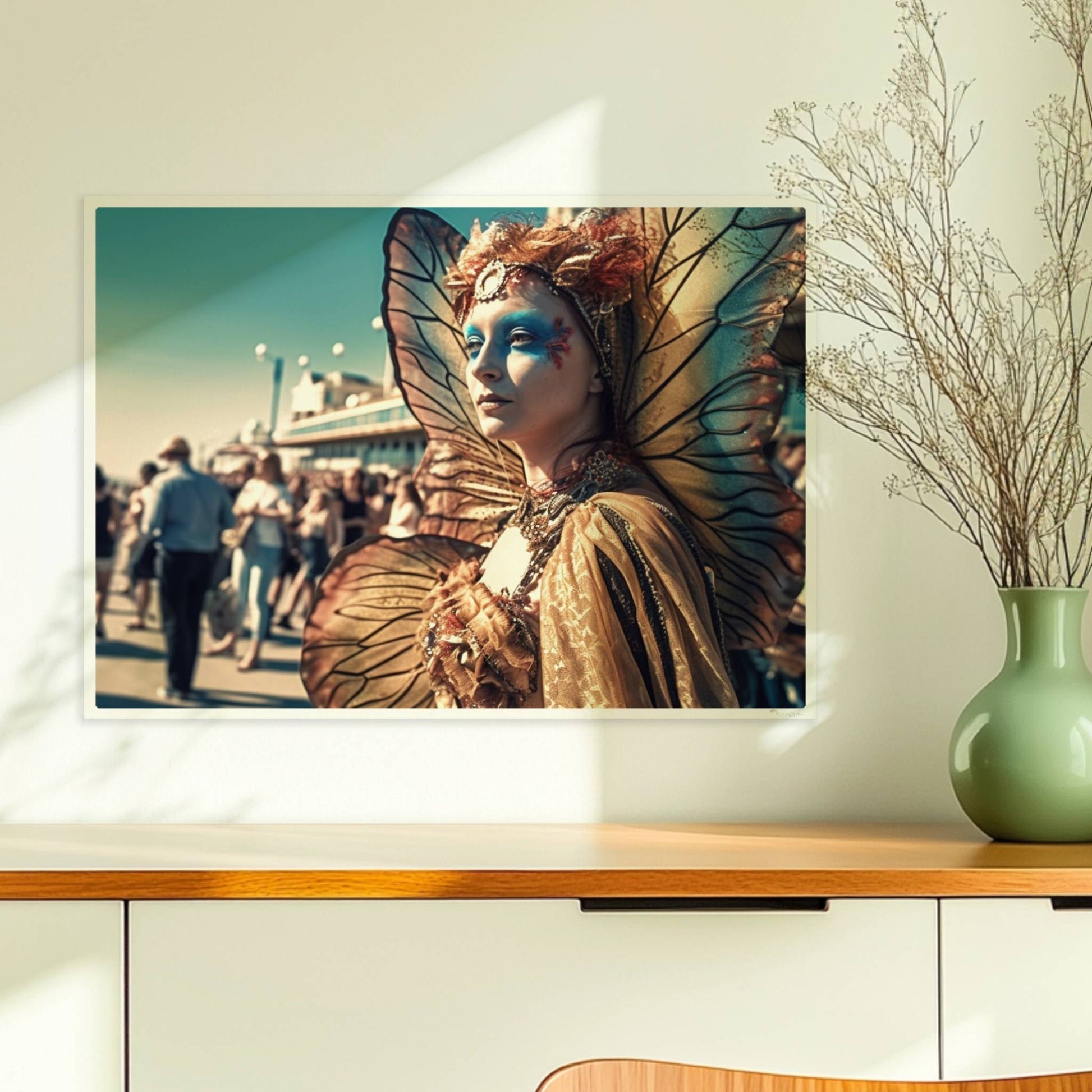 Frau in aufwändigem goldenen Schmetterlingskostüm mit leuchtenden Flügeln und blauer Gesichtsbemalung, auf einem belebten Festival.. Ohne Rahmen 70x50