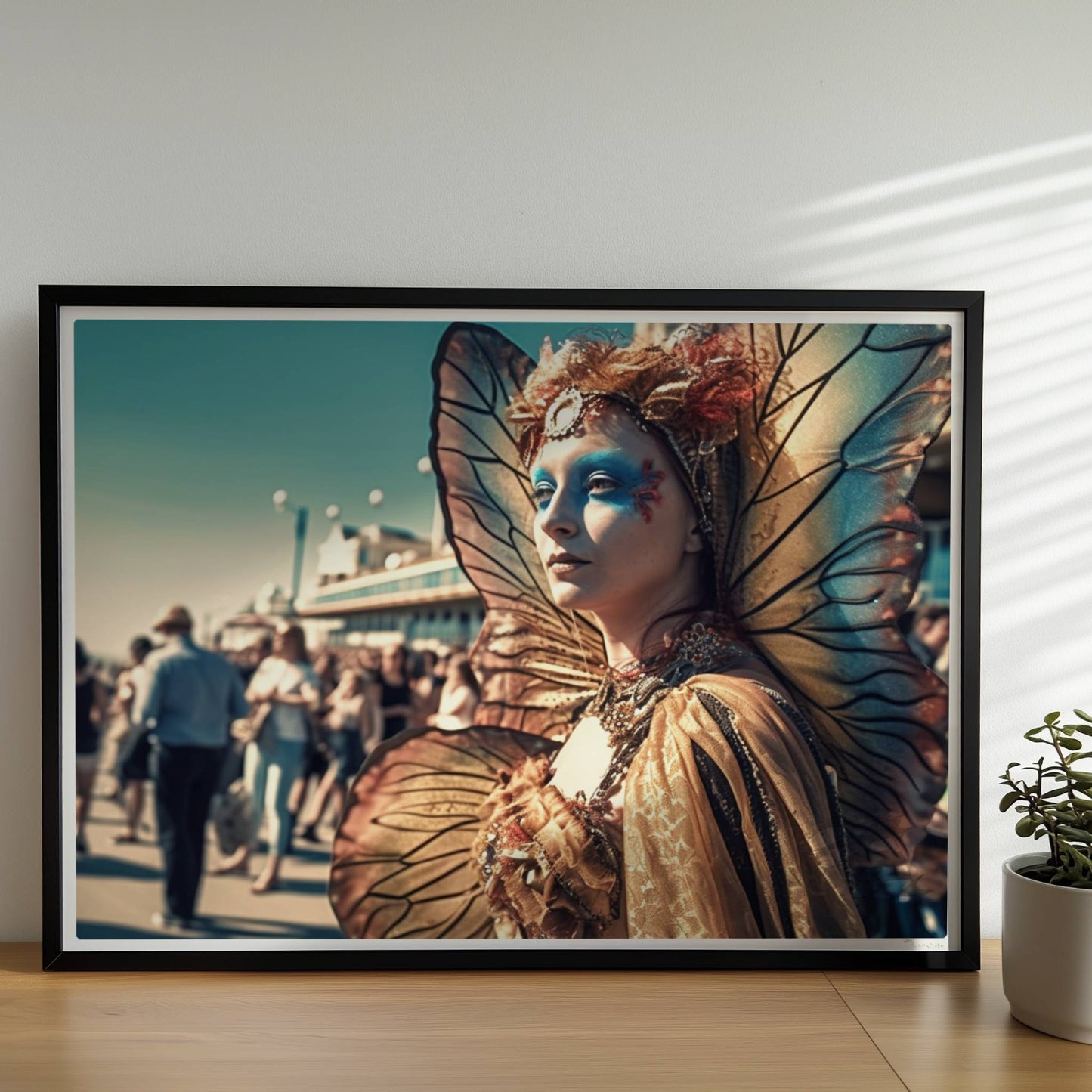 Frau in aufwändigem goldenen Schmetterlingskostüm mit leuchtenden Flügeln und blauer Gesichtsbemalung, auf einem belebten Festival.. Rahmen schwarz 70x50