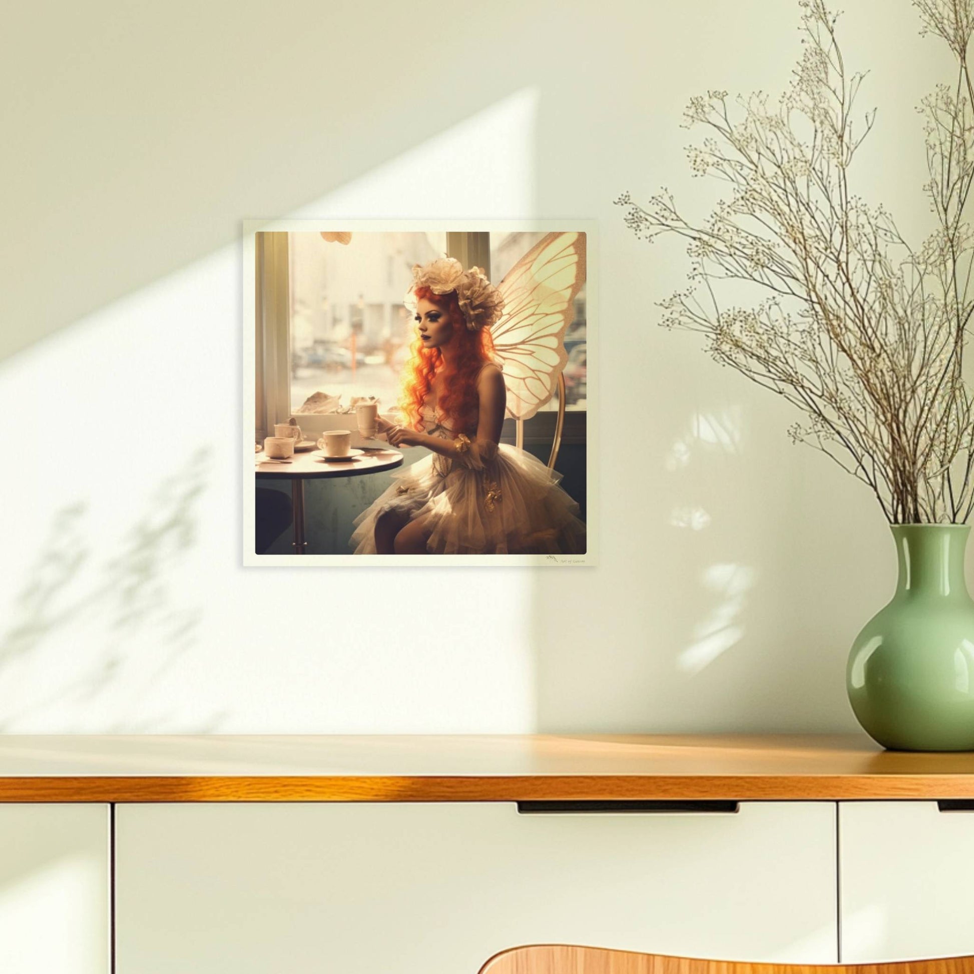Ein Paar mit Schmetterlingsflügeln sitzt in einem Café, beide in fantasievollen Kostümen mit zarten Flügeln, verträumte Szene.. Ohne Rahmen 30x30