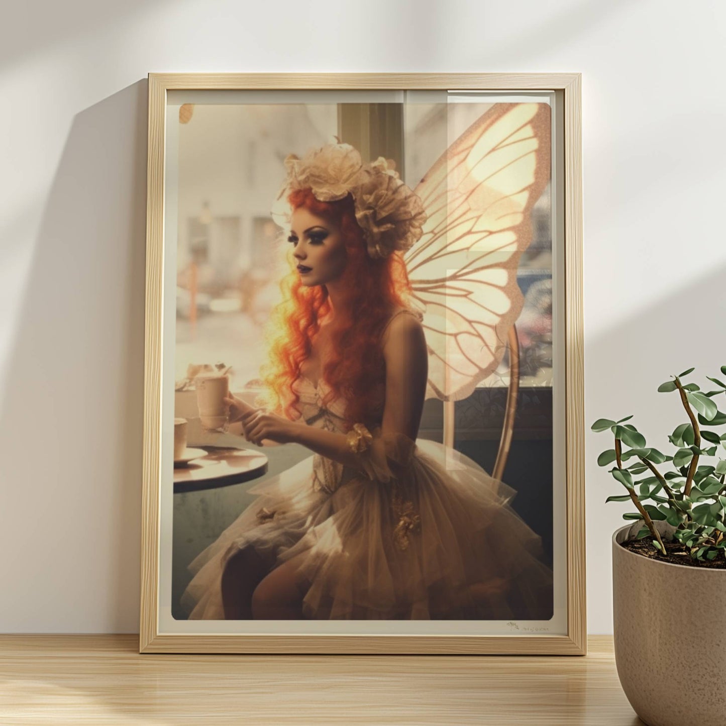 Ein Paar mit Schmetterlingsflügeln sitzt in einem Café, beide in fantasievollen Kostümen mit zarten Flügeln, verträumte Szene.. Rahmen natur 30x40