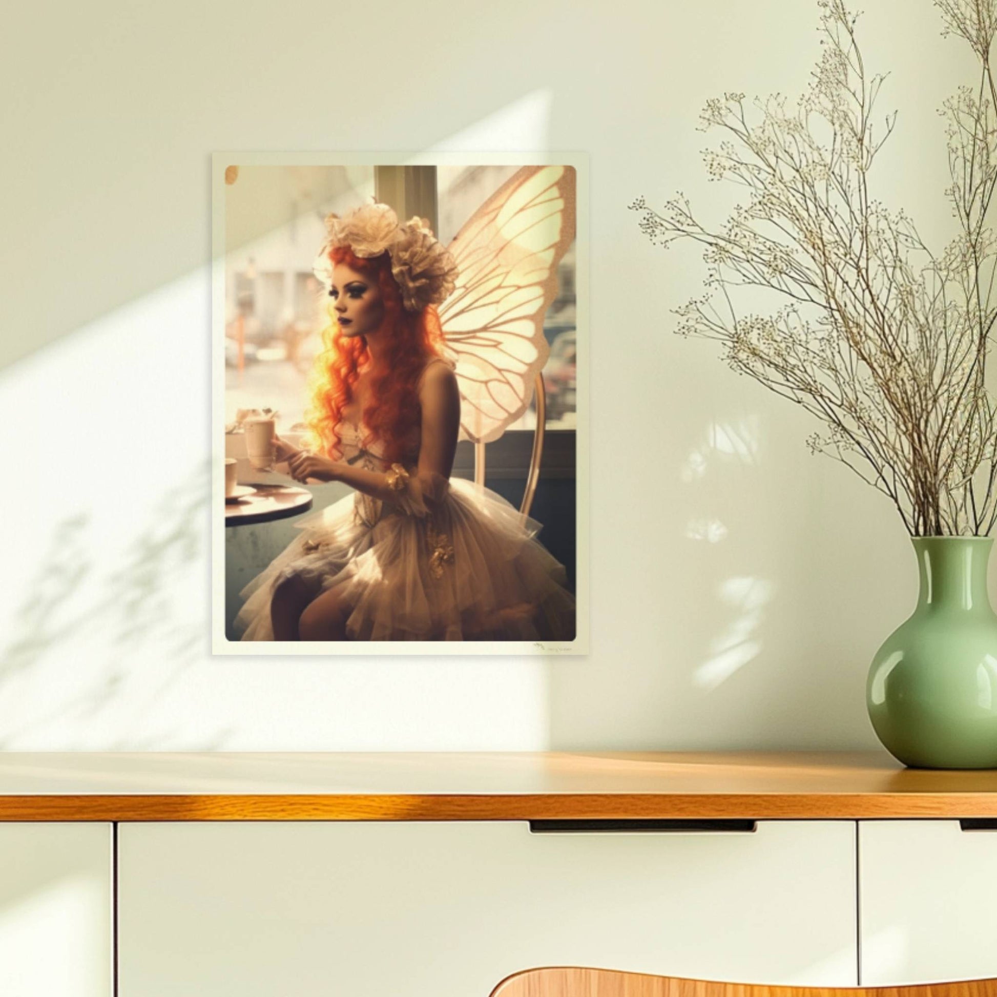 Ein Paar mit Schmetterlingsflügeln sitzt in einem Café, beide in fantasievollen Kostümen mit zarten Flügeln, verträumte Szene.. Ohne Rahmen 30x40
