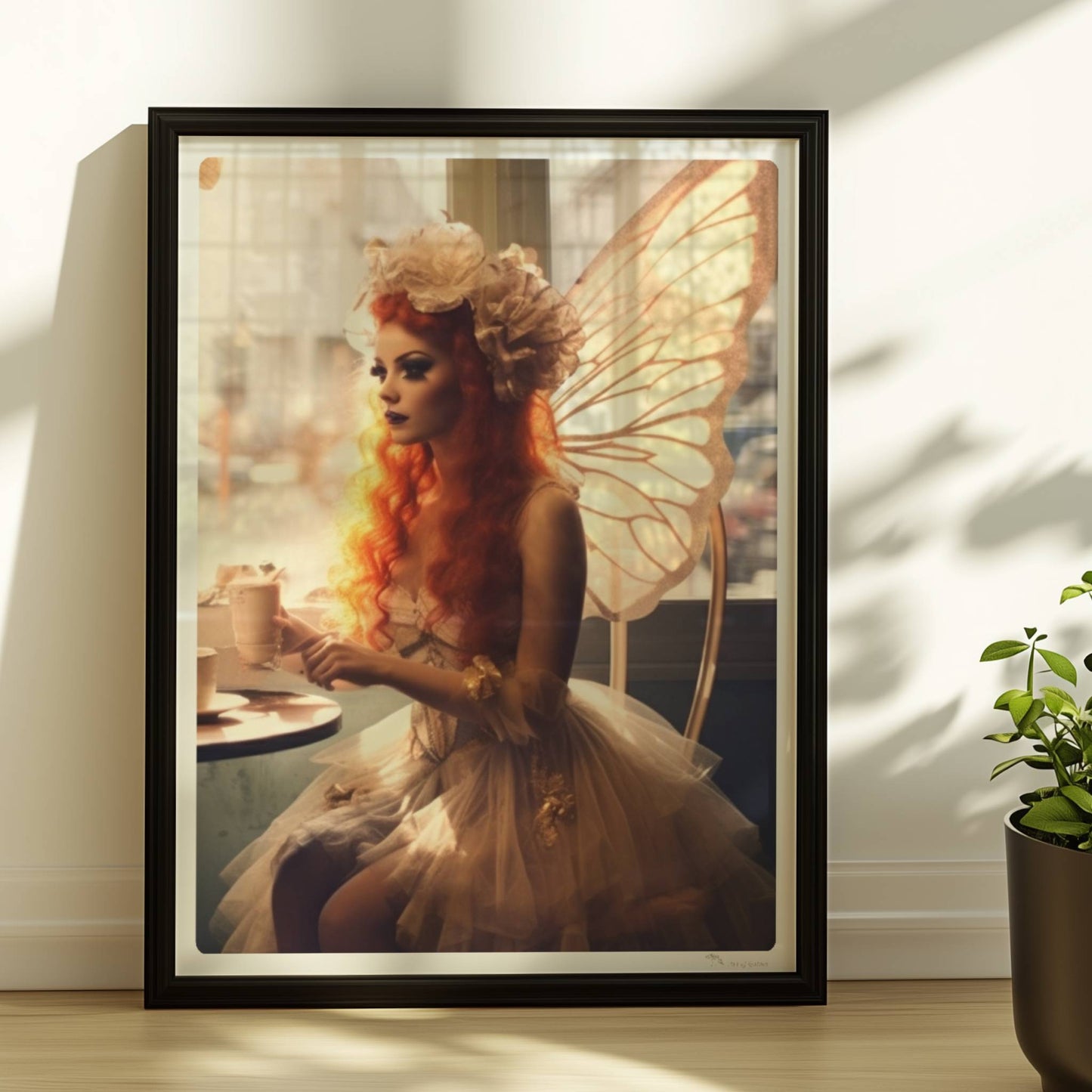 Ein Paar mit Schmetterlingsflügeln sitzt in einem Café, beide in fantasievollen Kostümen mit zarten Flügeln, verträumte Szene.. Rahmen schwarz 30x40
