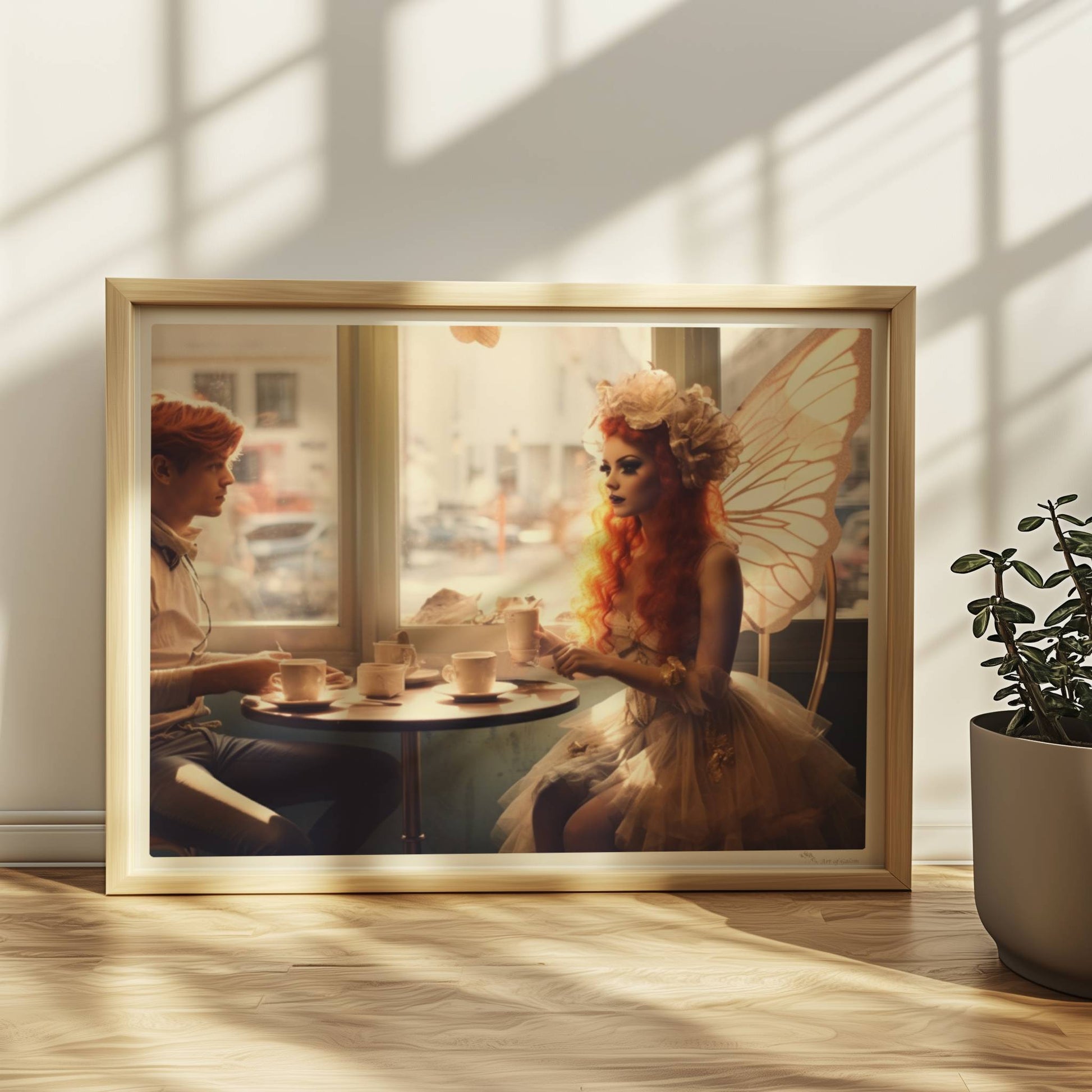 Ein Paar mit Schmetterlingsflügeln sitzt in einem Café, beide in fantasievollen Kostümen mit zarten Flügeln, verträumte Szene.. Rahmen natur 40x30