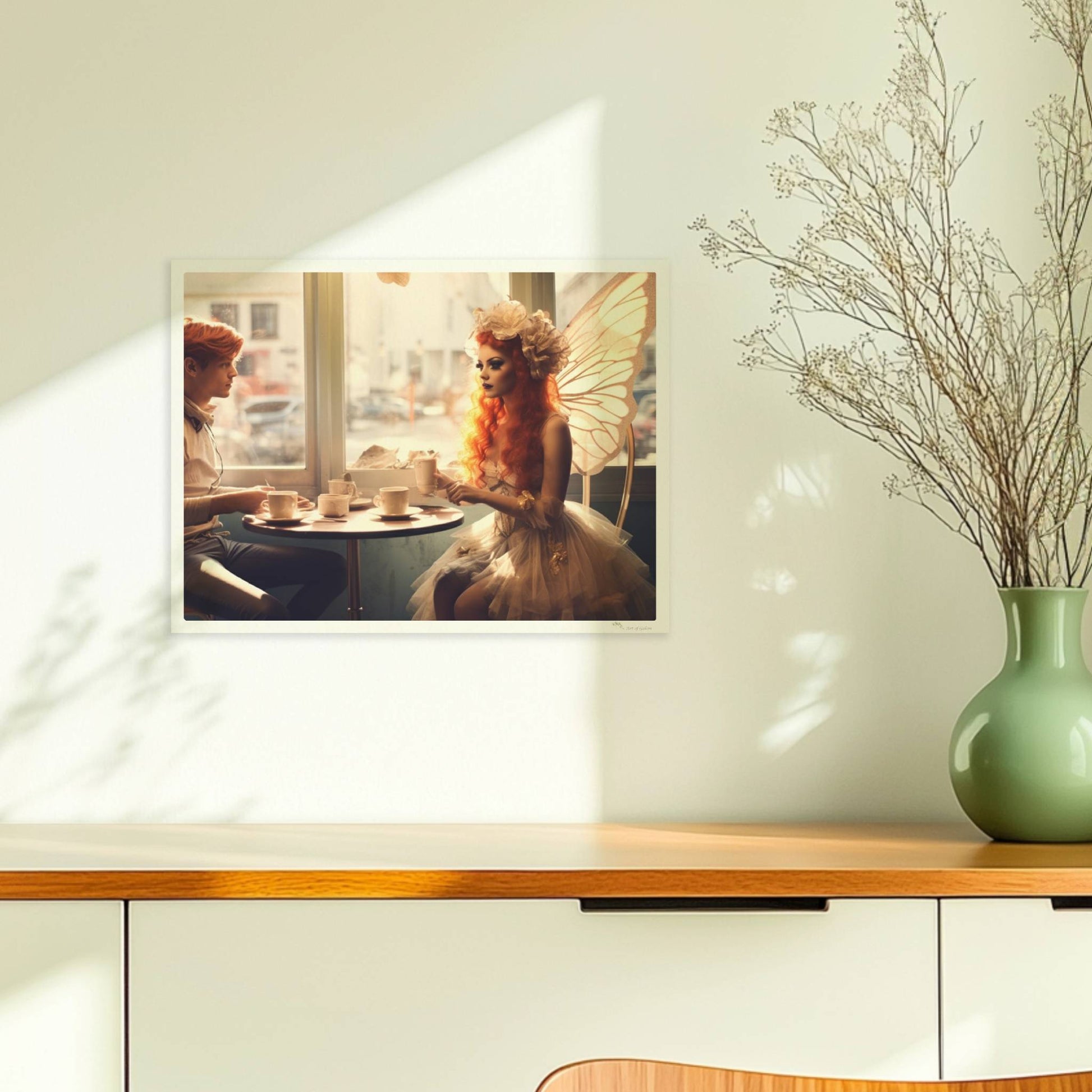 Ein Paar mit Schmetterlingsflügeln sitzt in einem Café, beide in fantasievollen Kostümen mit zarten Flügeln, verträumte Szene.. Ohne Rahmen 40x30