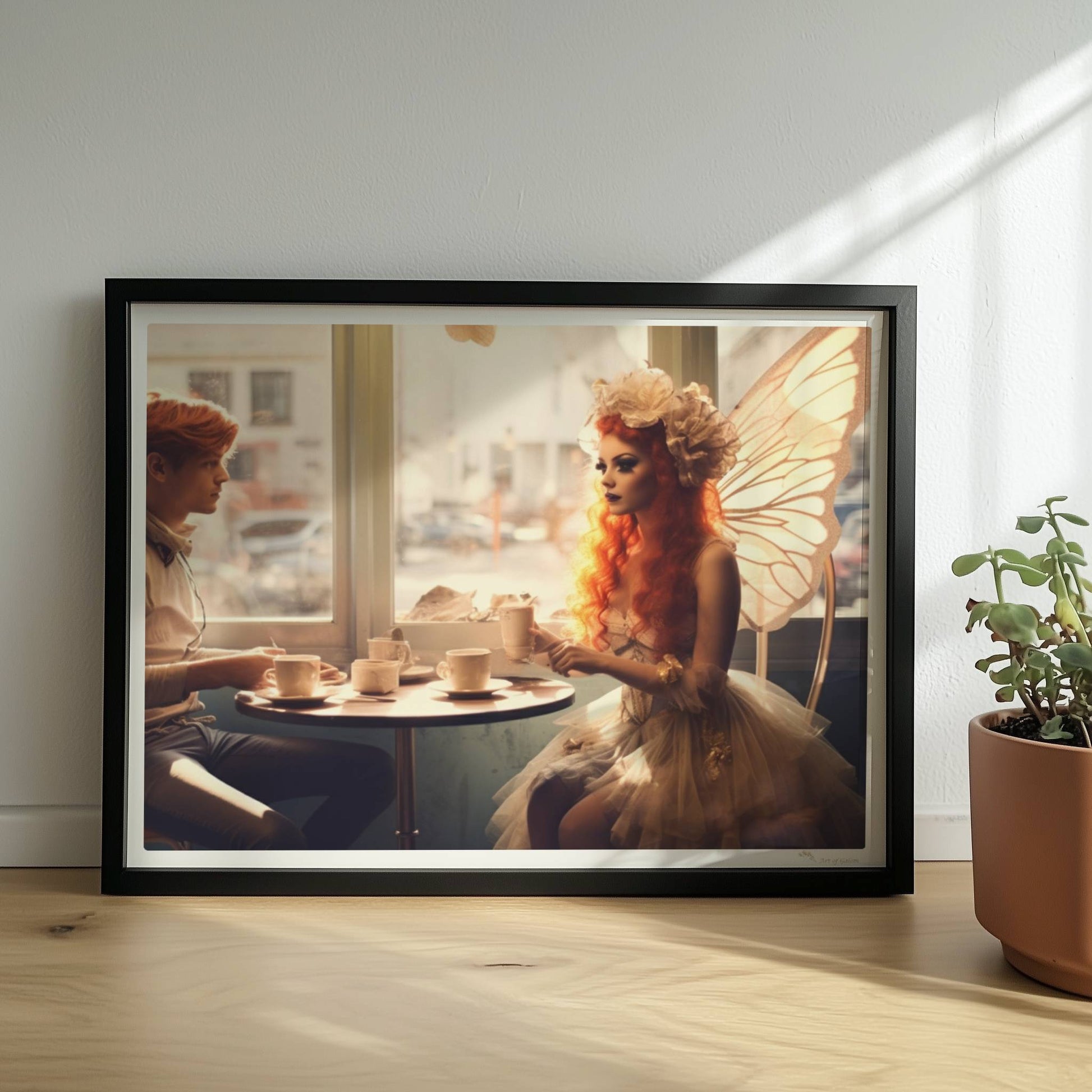 Ein Paar mit Schmetterlingsflügeln sitzt in einem Café, beide in fantasievollen Kostümen mit zarten Flügeln, verträumte Szene.. Rahmen schwarz 40x30