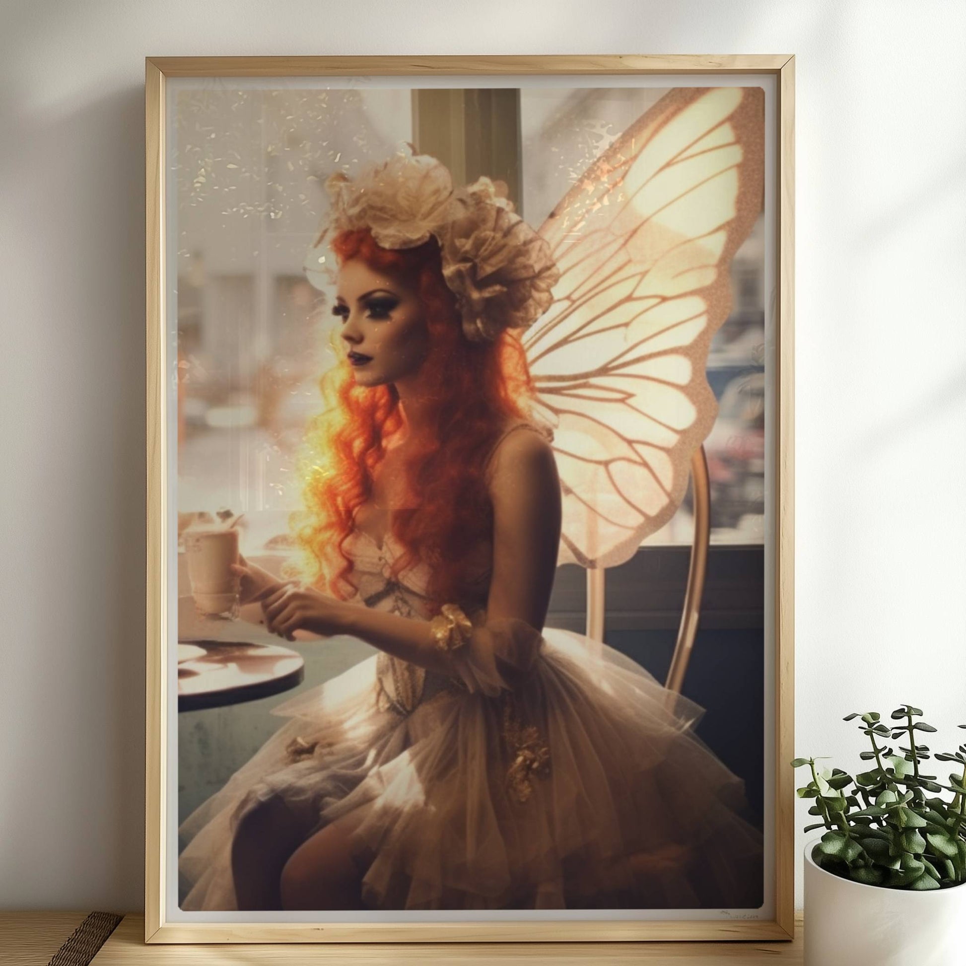 Ein Paar mit Schmetterlingsflügeln sitzt in einem Café, beide in fantasievollen Kostümen mit zarten Flügeln, verträumte Szene.. Rahmen natur 50x70