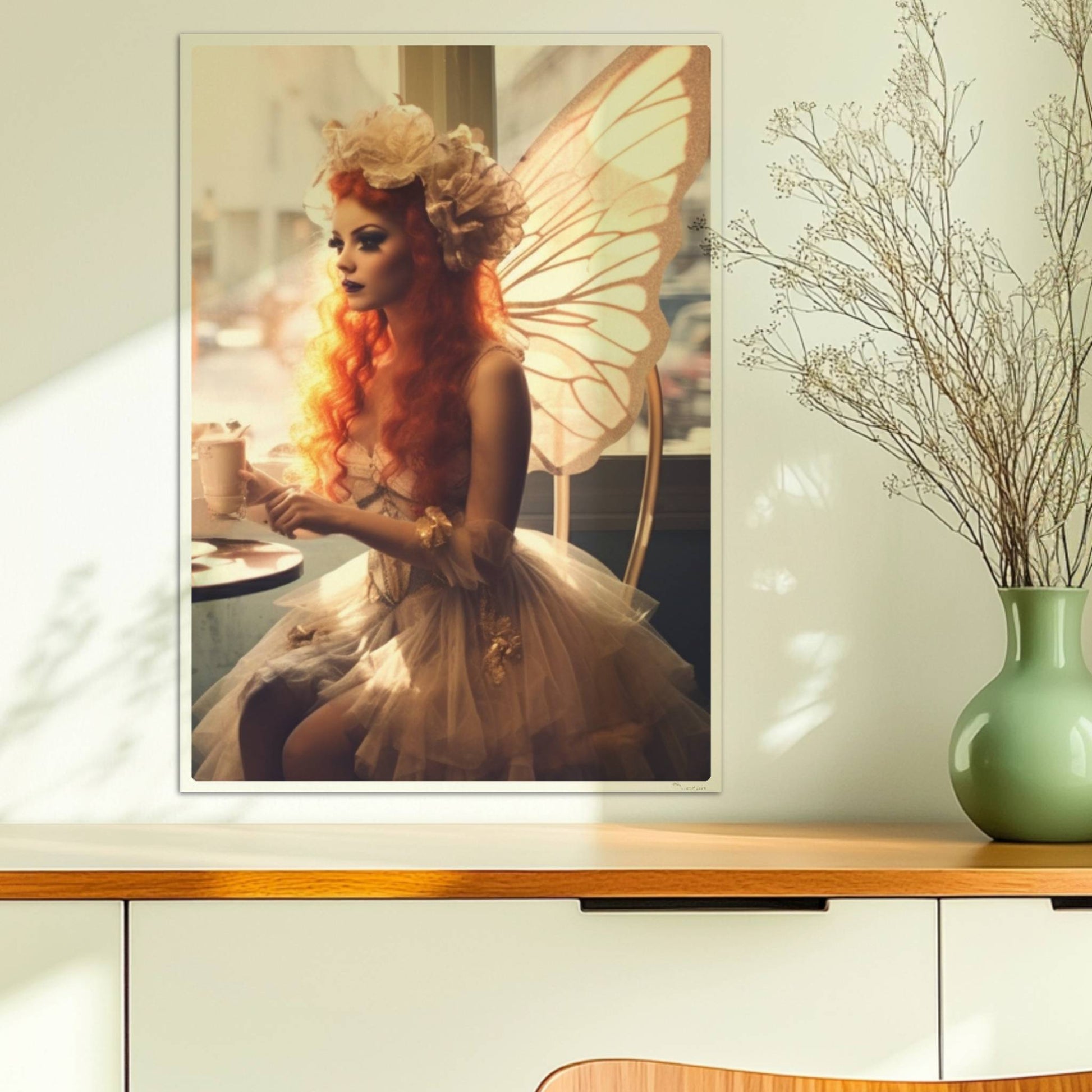 Ein Paar mit Schmetterlingsflügeln sitzt in einem Café, beide in fantasievollen Kostümen mit zarten Flügeln, verträumte Szene.. Ohne Rahmen 50x70