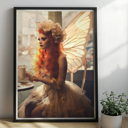 Ein Paar mit Schmetterlingsflügeln sitzt in einem Café, beide in fantasievollen Kostümen mit zarten Flügeln, verträumte Szene.. Rahmen schwarz 50x70