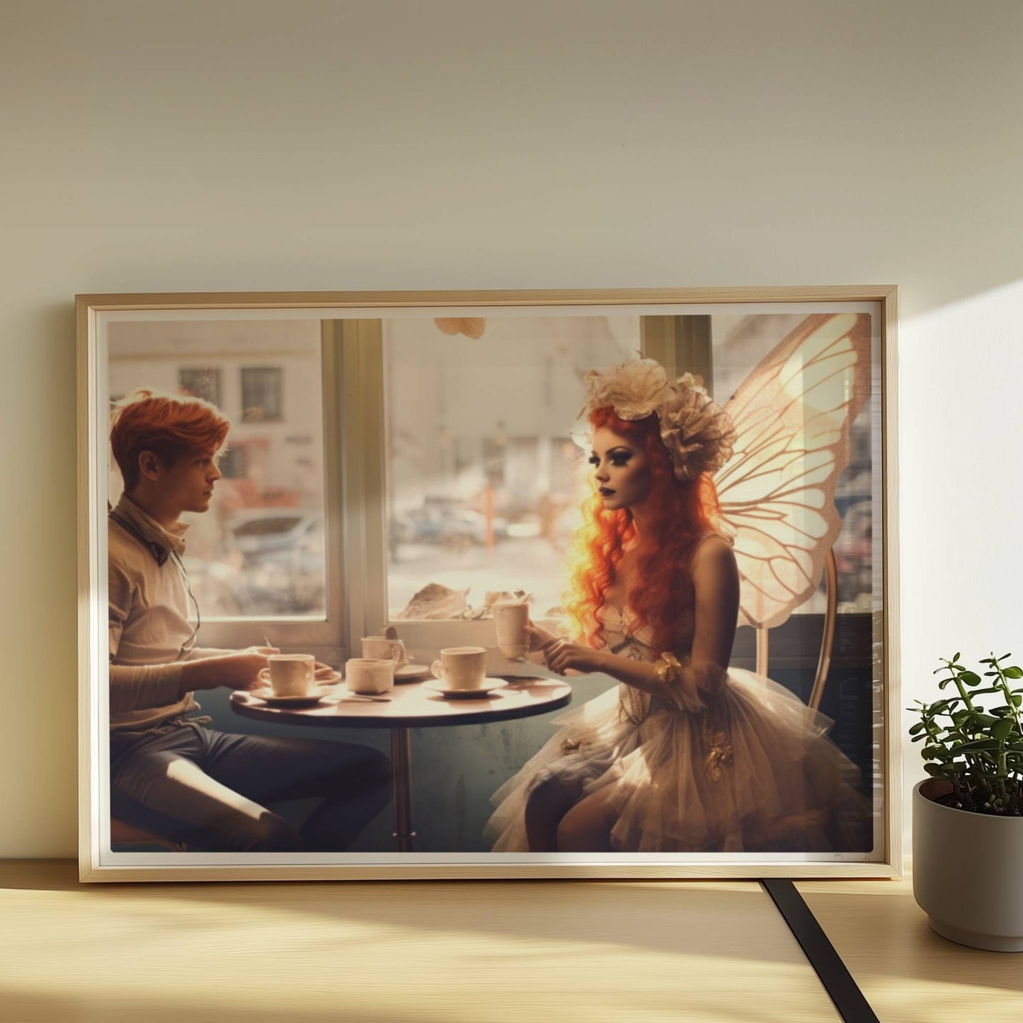 Ein Paar mit Schmetterlingsflügeln sitzt in einem Café, beide in fantasievollen Kostümen mit zarten Flügeln, verträumte Szene.. Rahmen natur 70x50