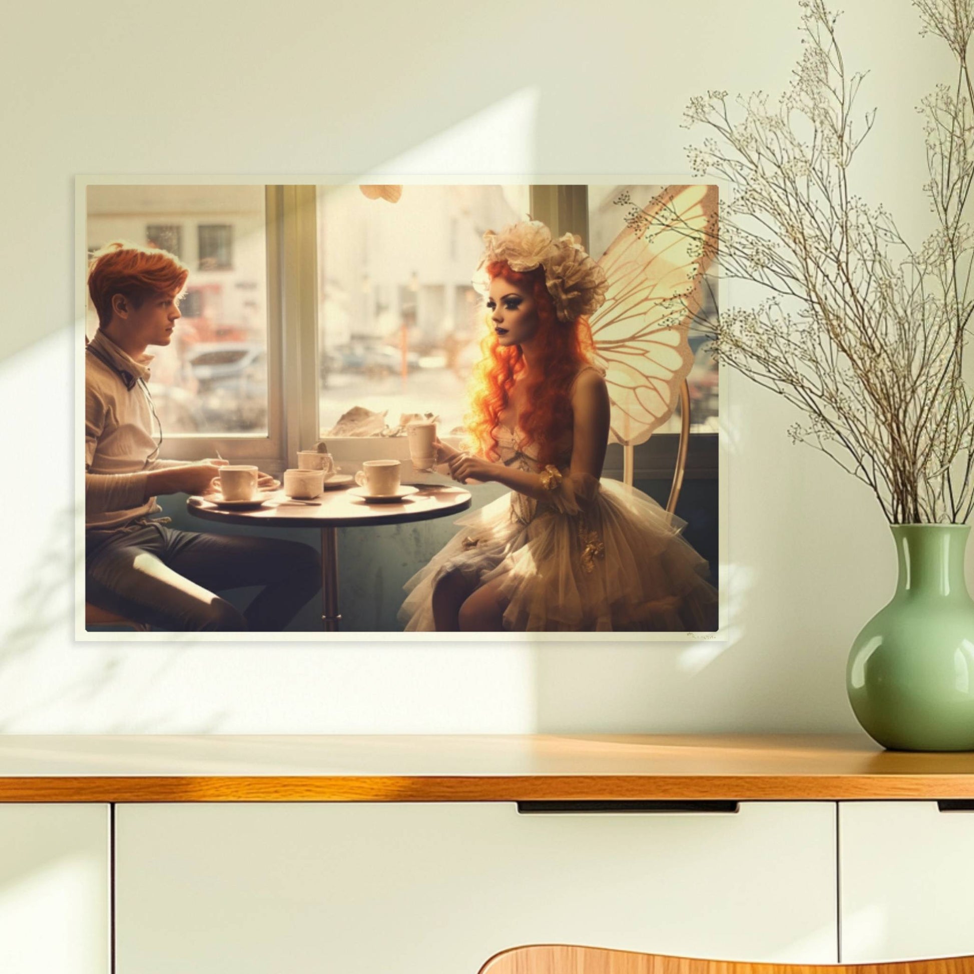 Ein Paar mit Schmetterlingsflügeln sitzt in einem Café, beide in fantasievollen Kostümen mit zarten Flügeln, verträumte Szene.. Ohne Rahmen 70x50
