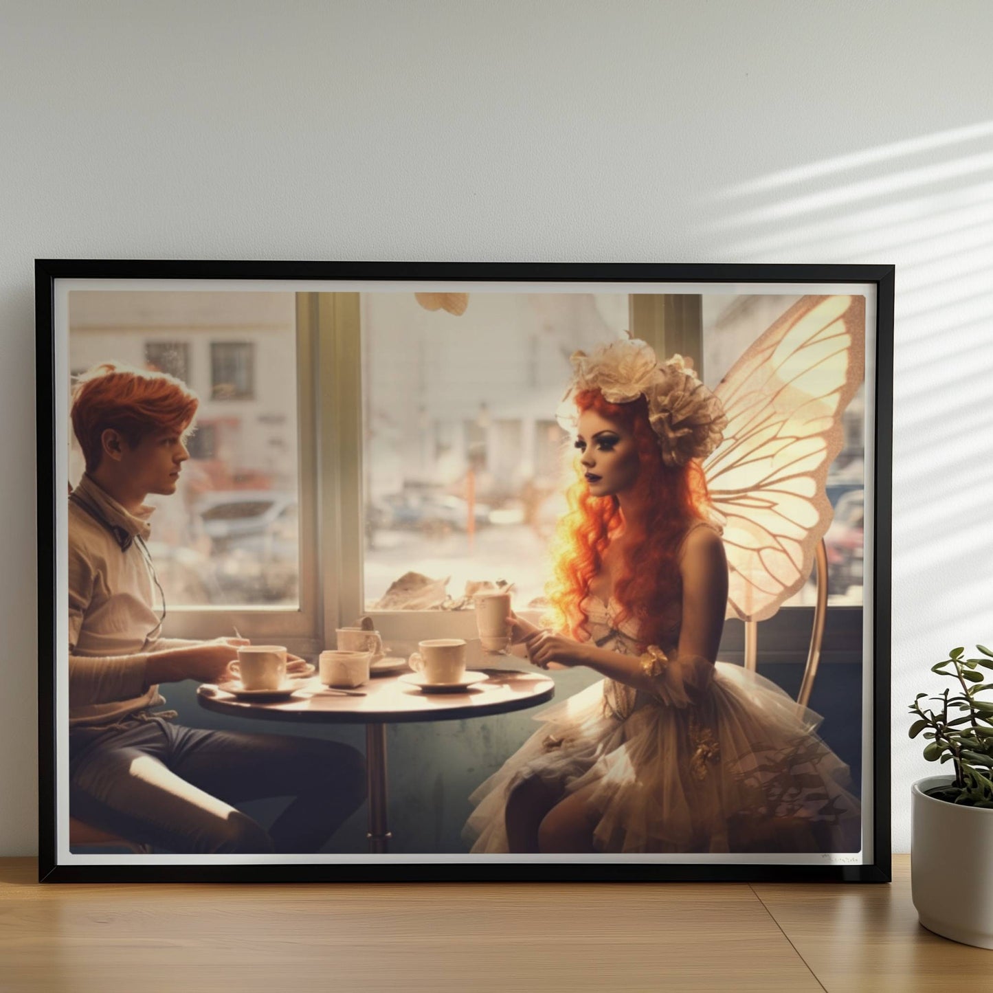 Ein Paar mit Schmetterlingsflügeln sitzt in einem Café, beide in fantasievollen Kostümen mit zarten Flügeln, verträumte Szene.. Rahmen schwarz 70x50