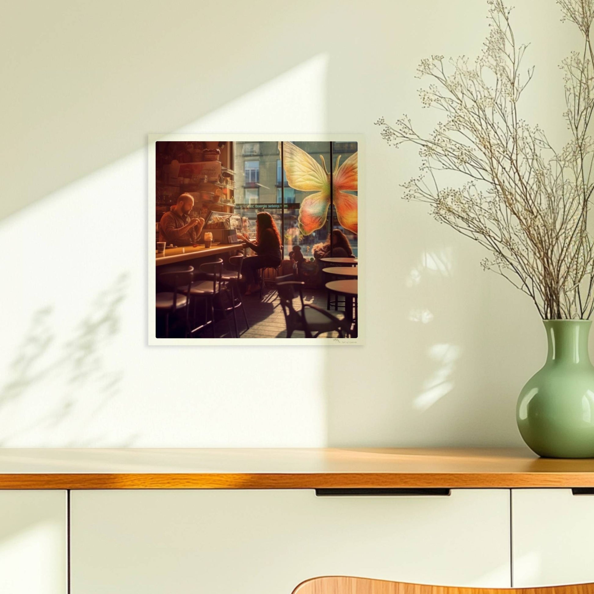 Stimmungsvolles Café mit großer, bunter Schmetterlingskunst am Fenster, entspannte Gäste im Gegenlicht.. Ohne Rahmen 30x30