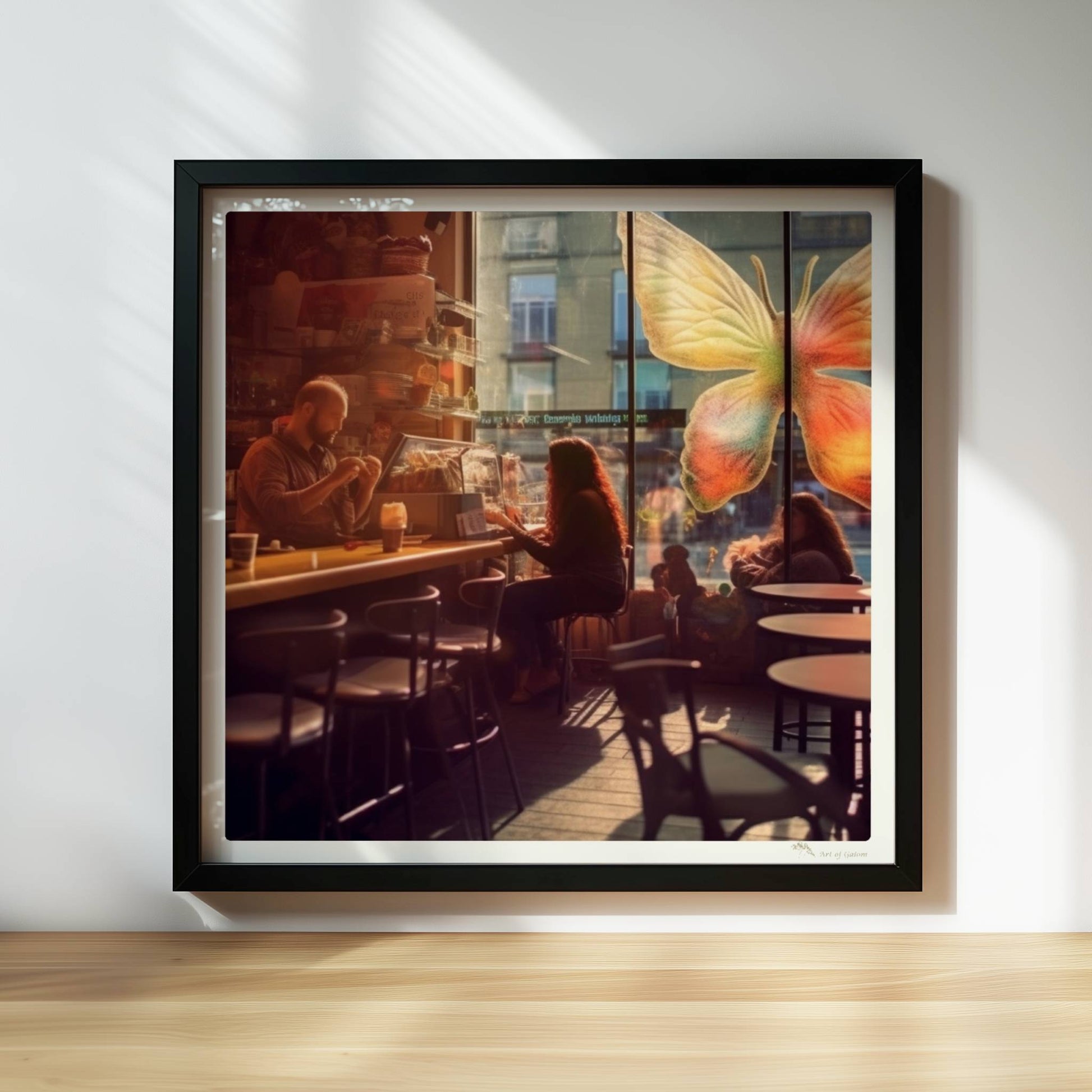 Stimmungsvolles Café mit großer, bunter Schmetterlingskunst am Fenster, entspannte Gäste im Gegenlicht.. Rahmen schwarz 30x30