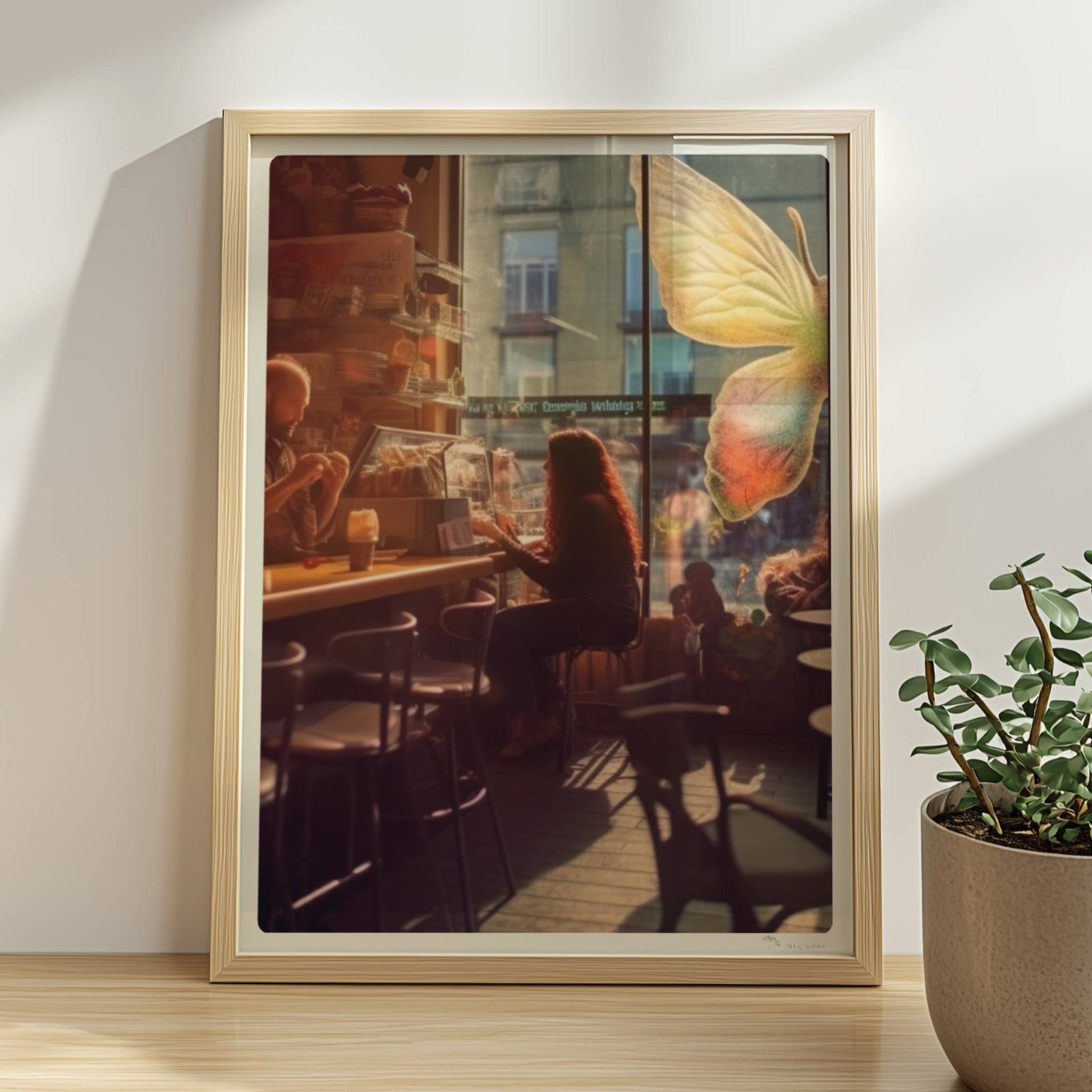 Stimmungsvolles Café mit großer, bunter Schmetterlingskunst am Fenster, entspannte Gäste im Gegenlicht.. Rahmen natur 30x40