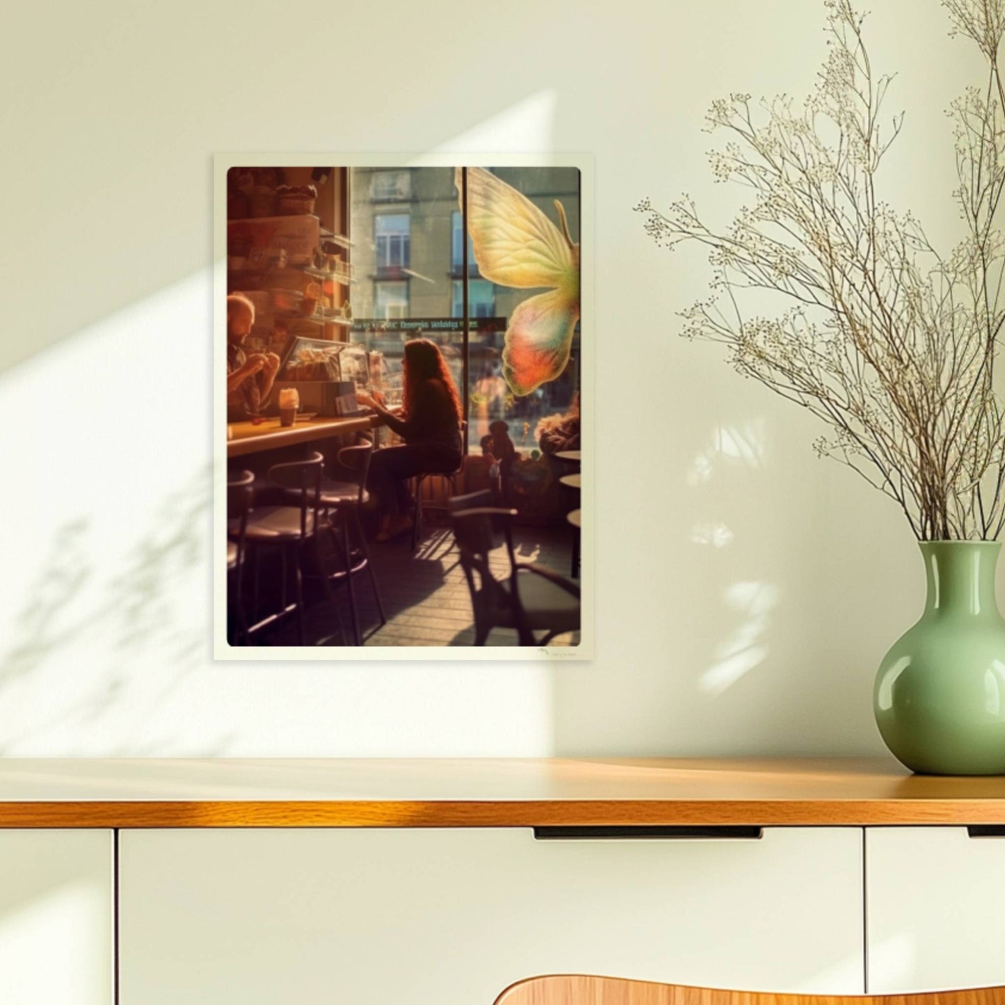 Stimmungsvolles Café mit großer, bunter Schmetterlingskunst am Fenster, entspannte Gäste im Gegenlicht.. Ohne Rahmen 30x40