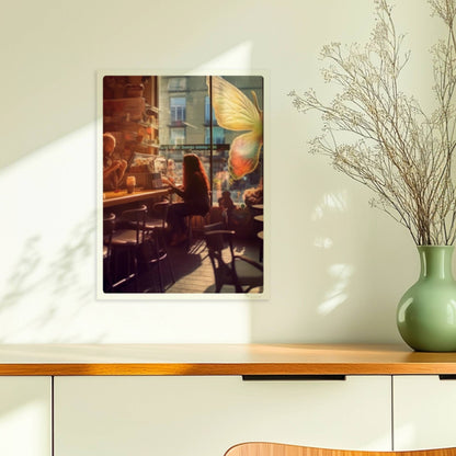 Stimmungsvolles Café mit großer, bunter Schmetterlingskunst am Fenster, entspannte Gäste im Gegenlicht.. Ohne Rahmen 30x40