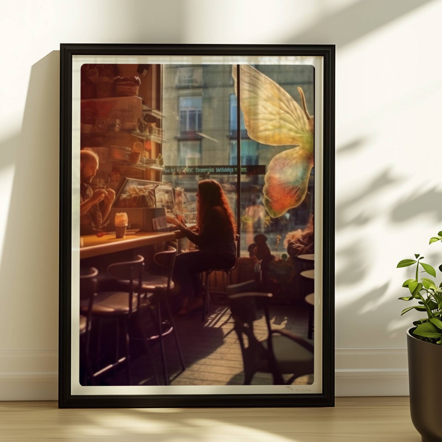 Stimmungsvolles Café mit großer, bunter Schmetterlingskunst am Fenster, entspannte Gäste im Gegenlicht.. Rahmen schwarz 30x40