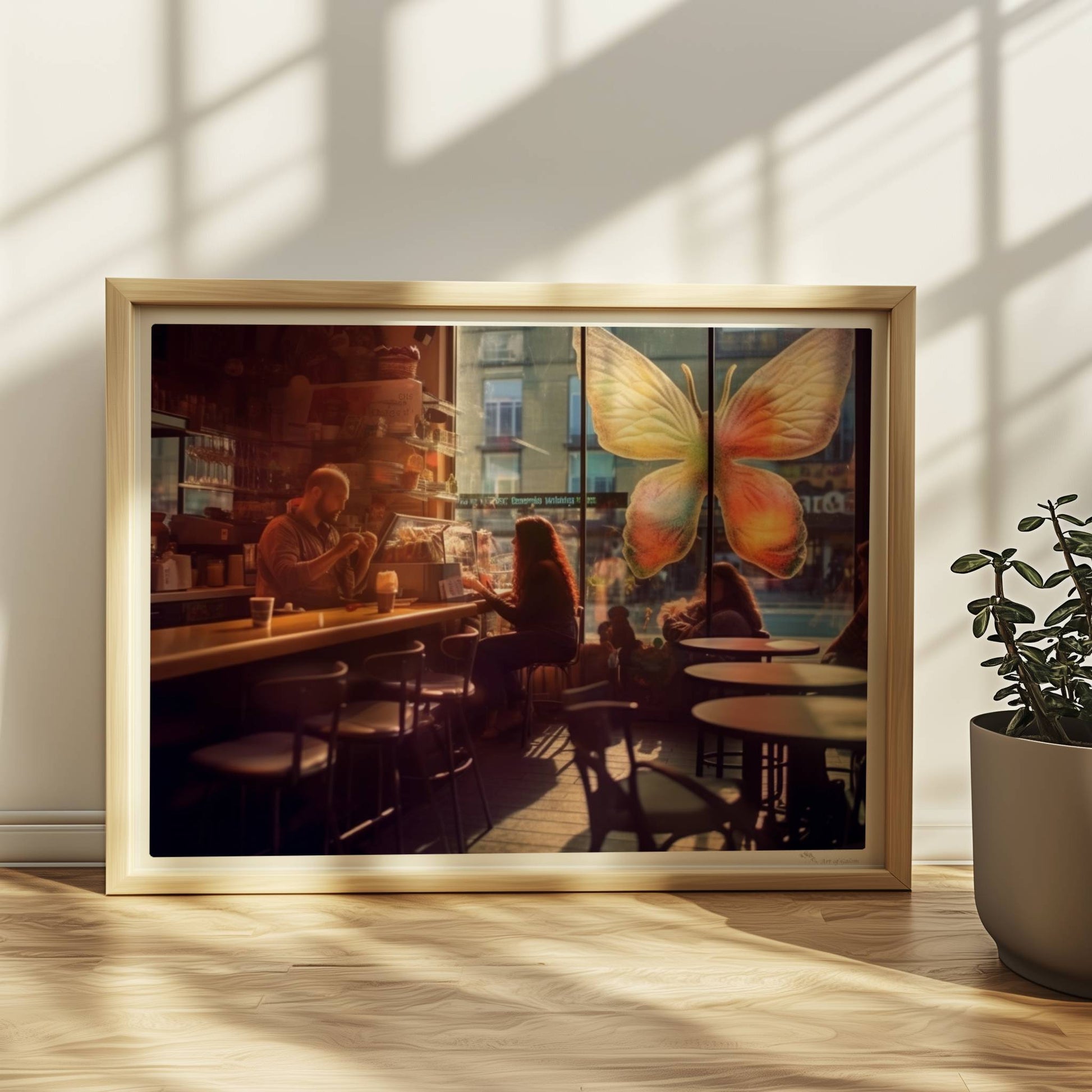 Stimmungsvolles Café mit großer, bunter Schmetterlingskunst am Fenster, entspannte Gäste im Gegenlicht.. Rahmen natur 40x30