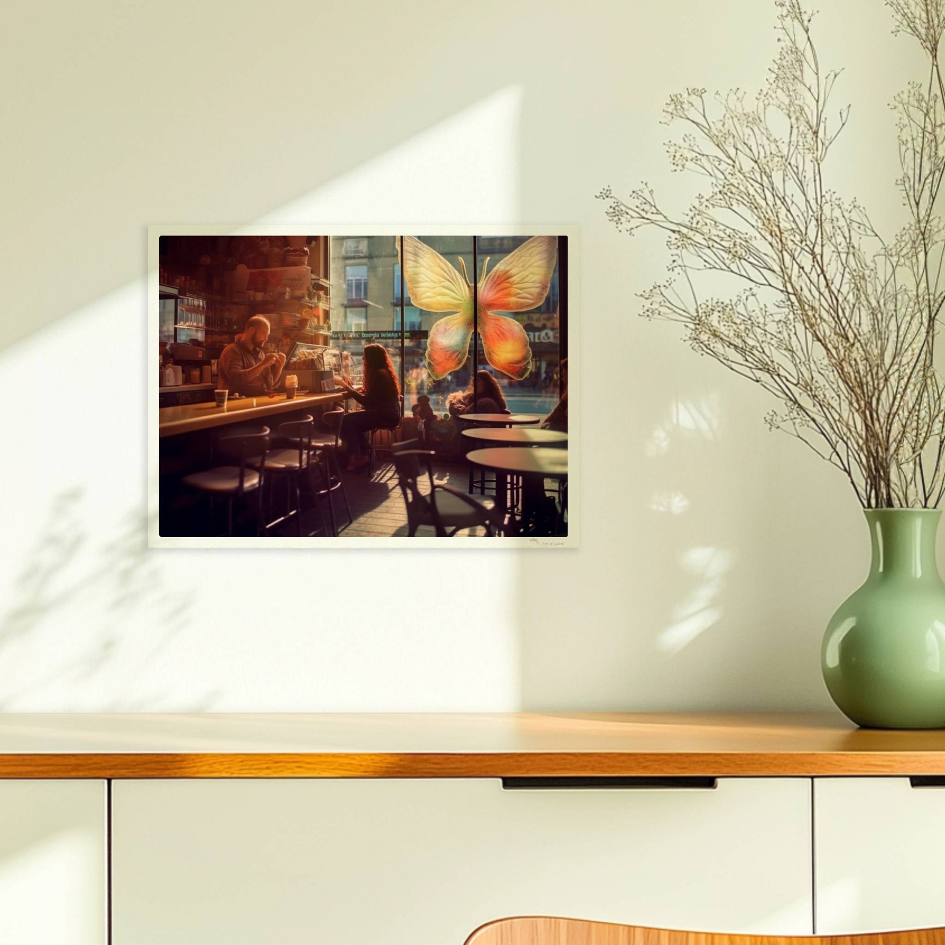 Stimmungsvolles Café mit großer, bunter Schmetterlingskunst am Fenster, entspannte Gäste im Gegenlicht.. Ohne Rahmen 40x30