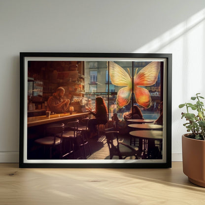 Stimmungsvolles Café mit großer, bunter Schmetterlingskunst am Fenster, entspannte Gäste im Gegenlicht.. Rahmen schwarz 40x30