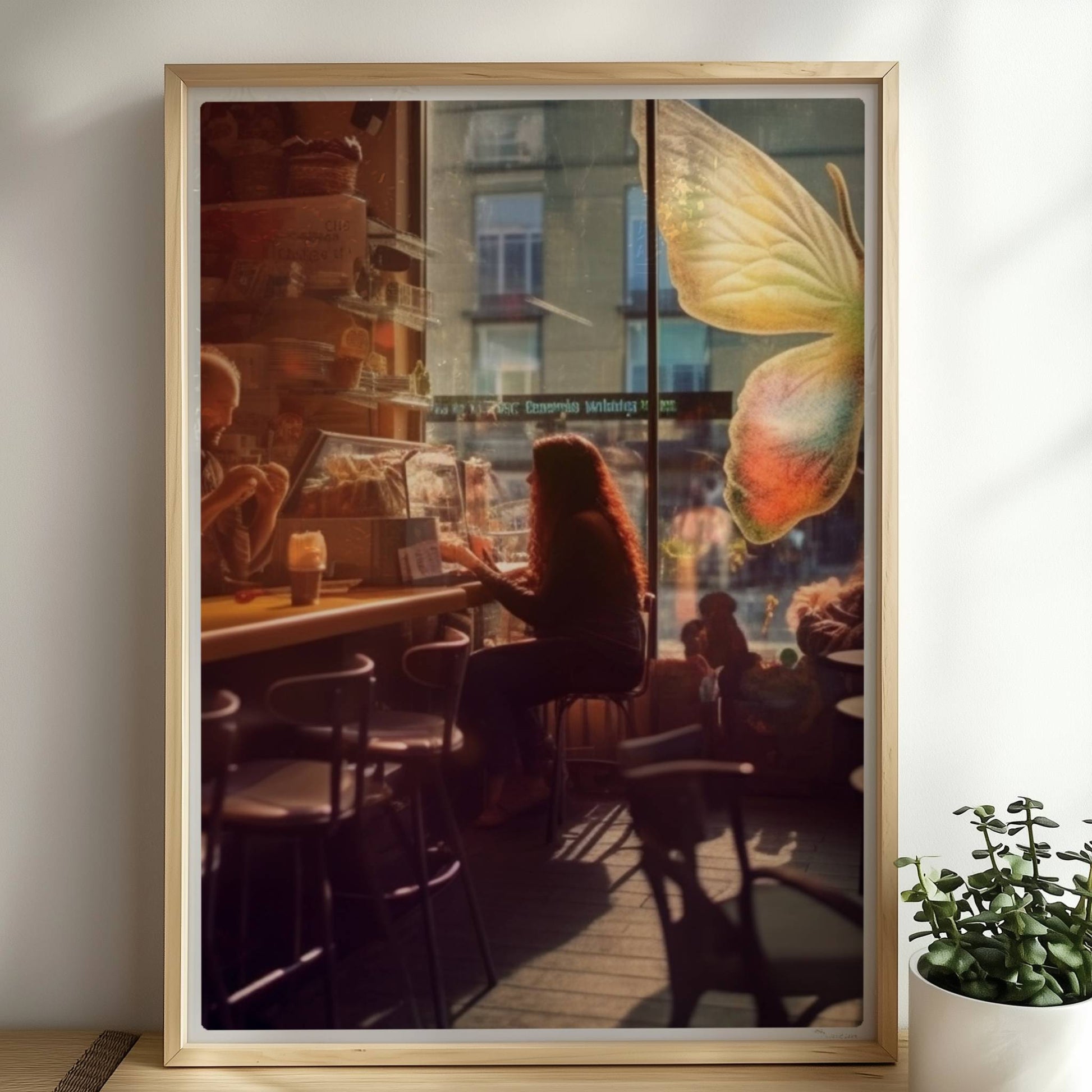 Stimmungsvolles Café mit großer, bunter Schmetterlingskunst am Fenster, entspannte Gäste im Gegenlicht.. Rahmen natur 50x70