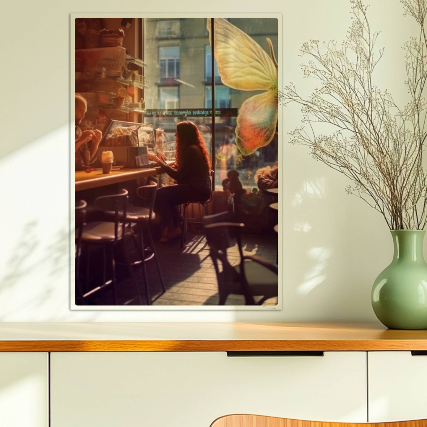 Stimmungsvolles Café mit großer, bunter Schmetterlingskunst am Fenster, entspannte Gäste im Gegenlicht.. Ohne Rahmen 50x70