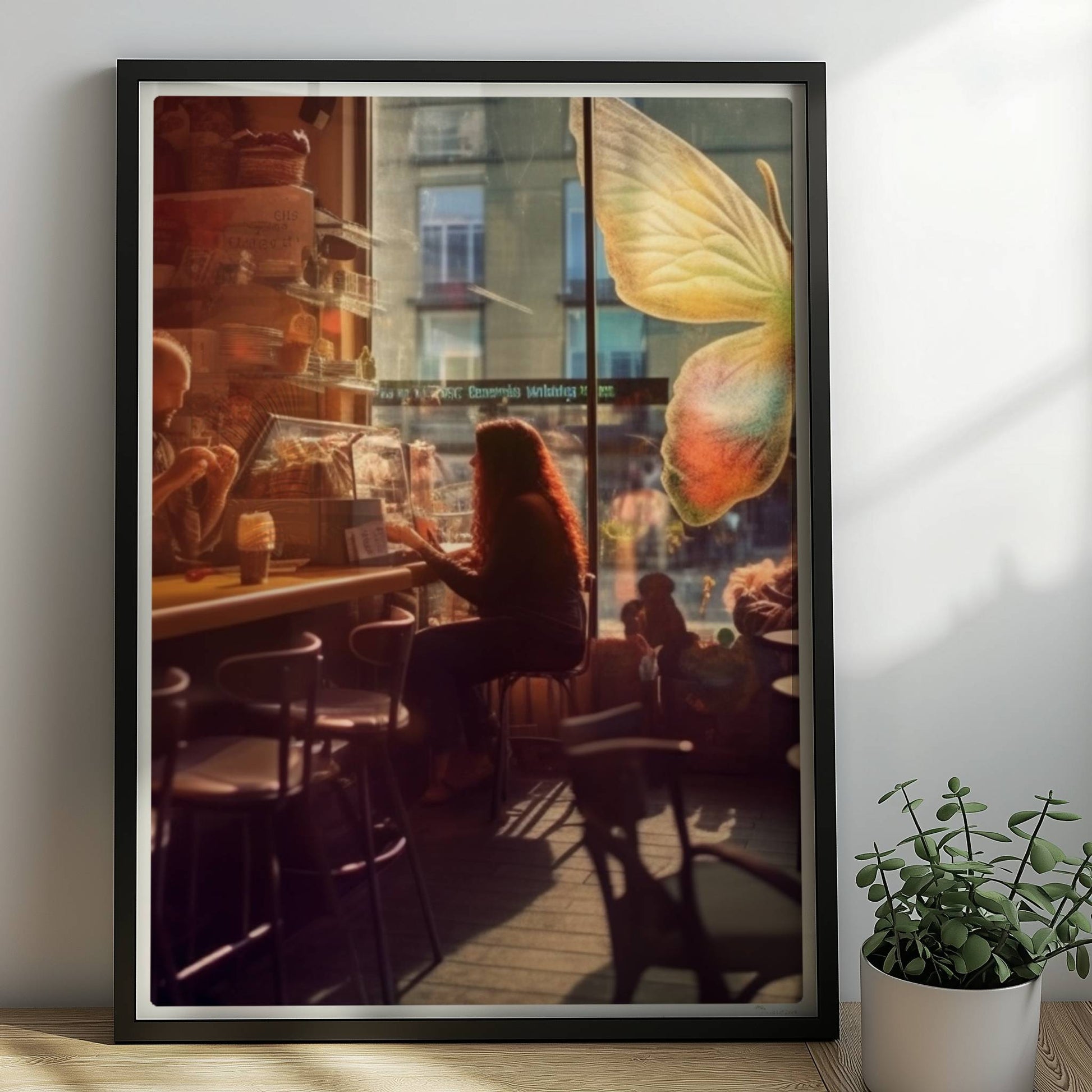 Stimmungsvolles Café mit großer, bunter Schmetterlingskunst am Fenster, entspannte Gäste im Gegenlicht.. Rahmen schwarz 50x70
