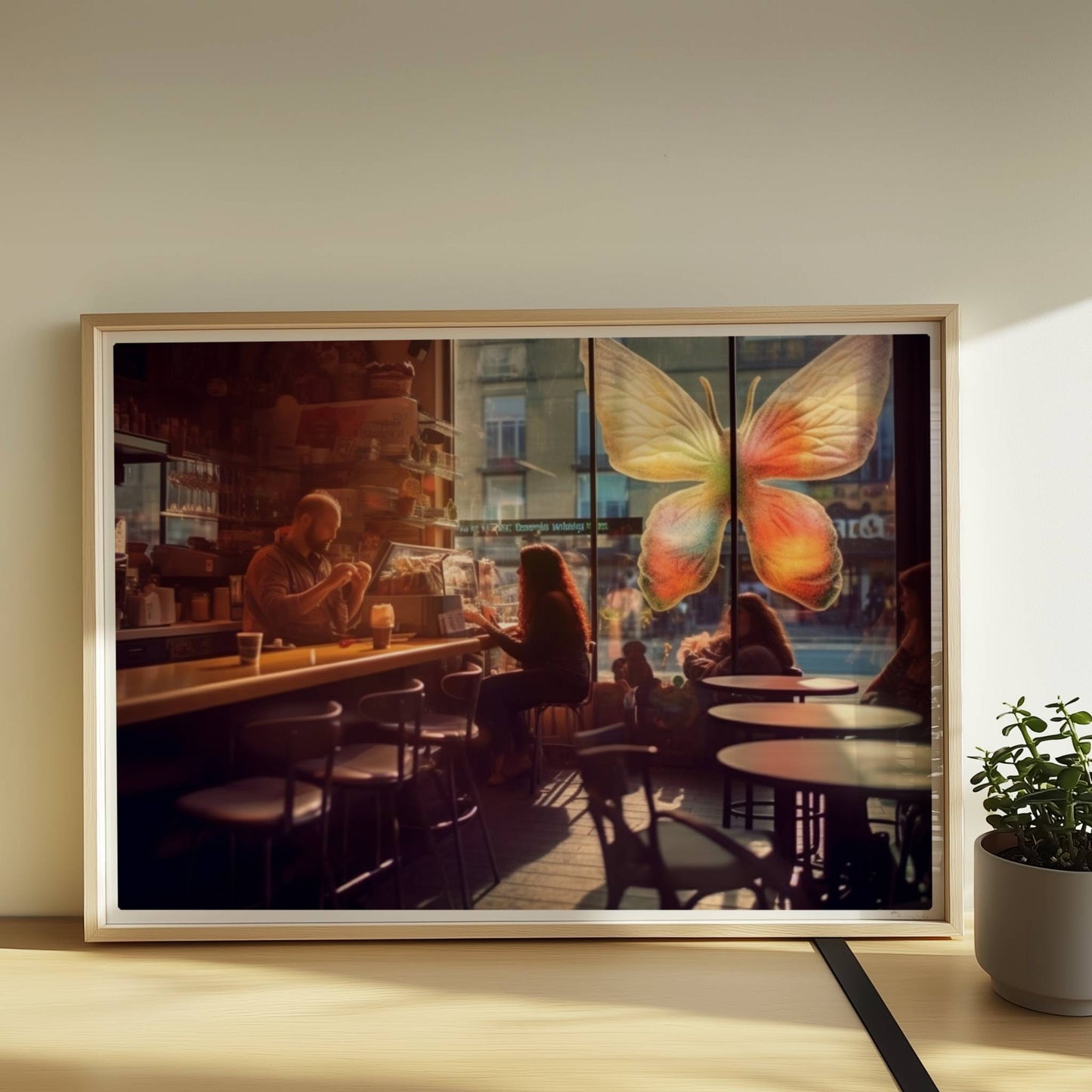 Stimmungsvolles Café mit großer, bunter Schmetterlingskunst am Fenster, entspannte Gäste im Gegenlicht.. Rahmen natur 70x50