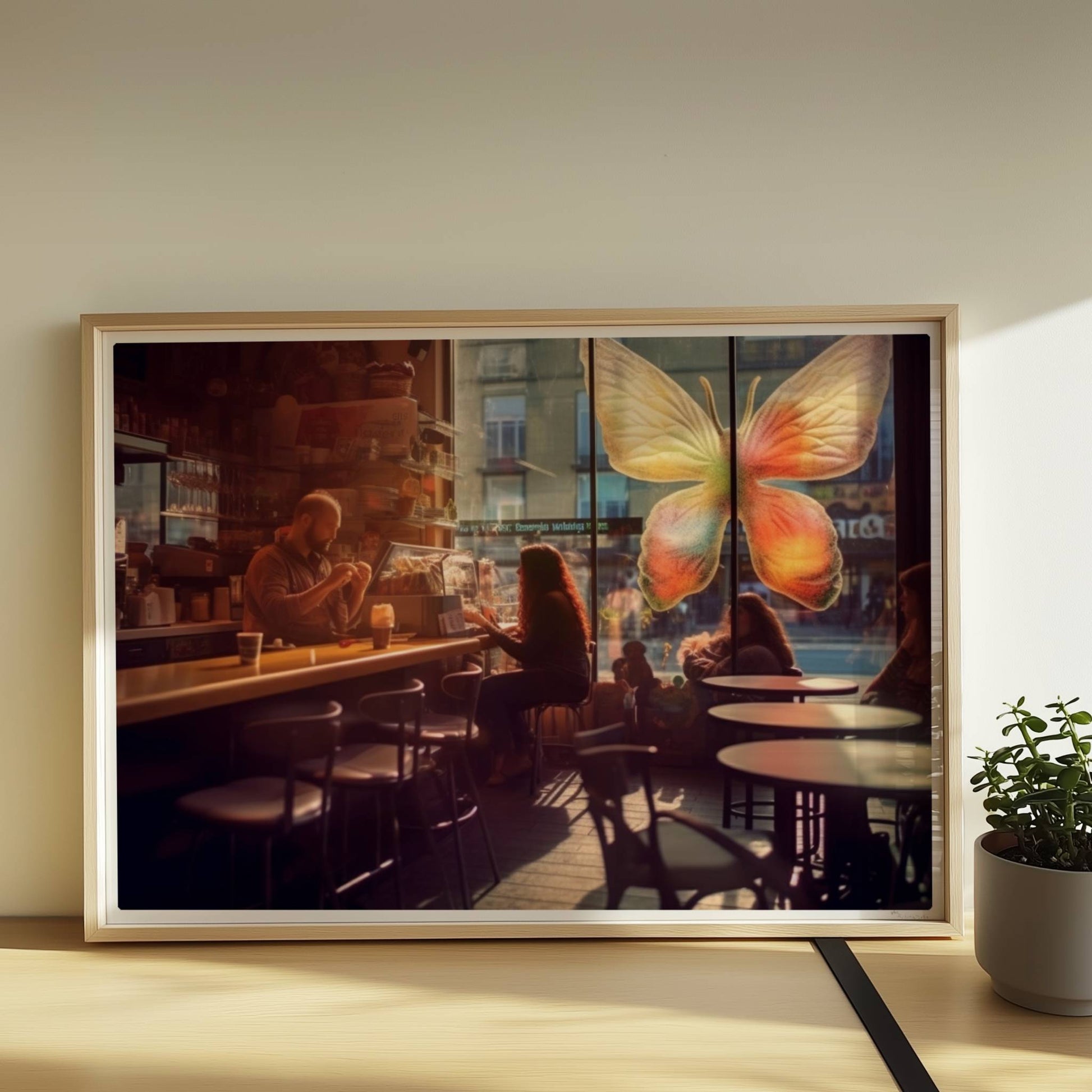 Stimmungsvolles Café mit großer, bunter Schmetterlingskunst am Fenster, entspannte Gäste im Gegenlicht.. Rahmen natur 70x50