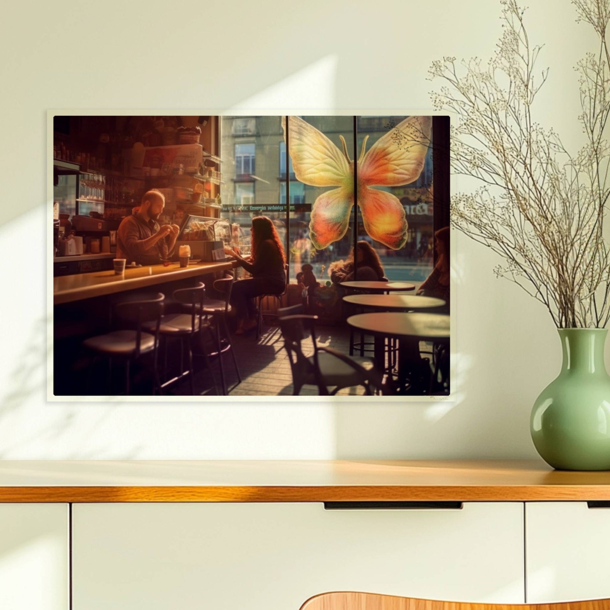 Stimmungsvolles Café mit großer, bunter Schmetterlingskunst am Fenster, entspannte Gäste im Gegenlicht.. Ohne Rahmen 70x50