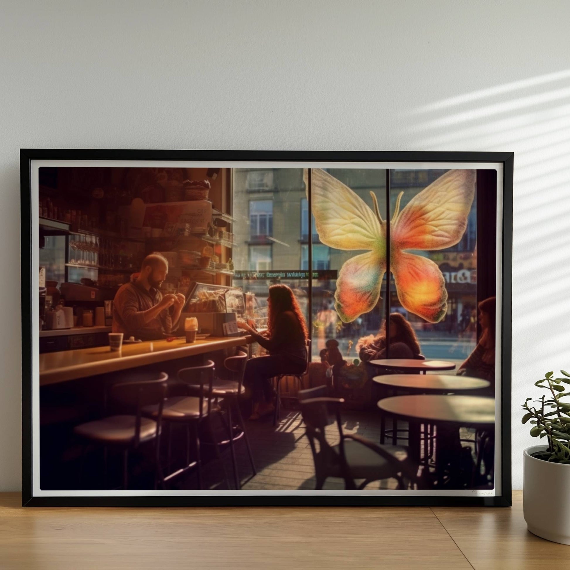 Stimmungsvolles Café mit großer, bunter Schmetterlingskunst am Fenster, entspannte Gäste im Gegenlicht.. Rahmen schwarz 70x50