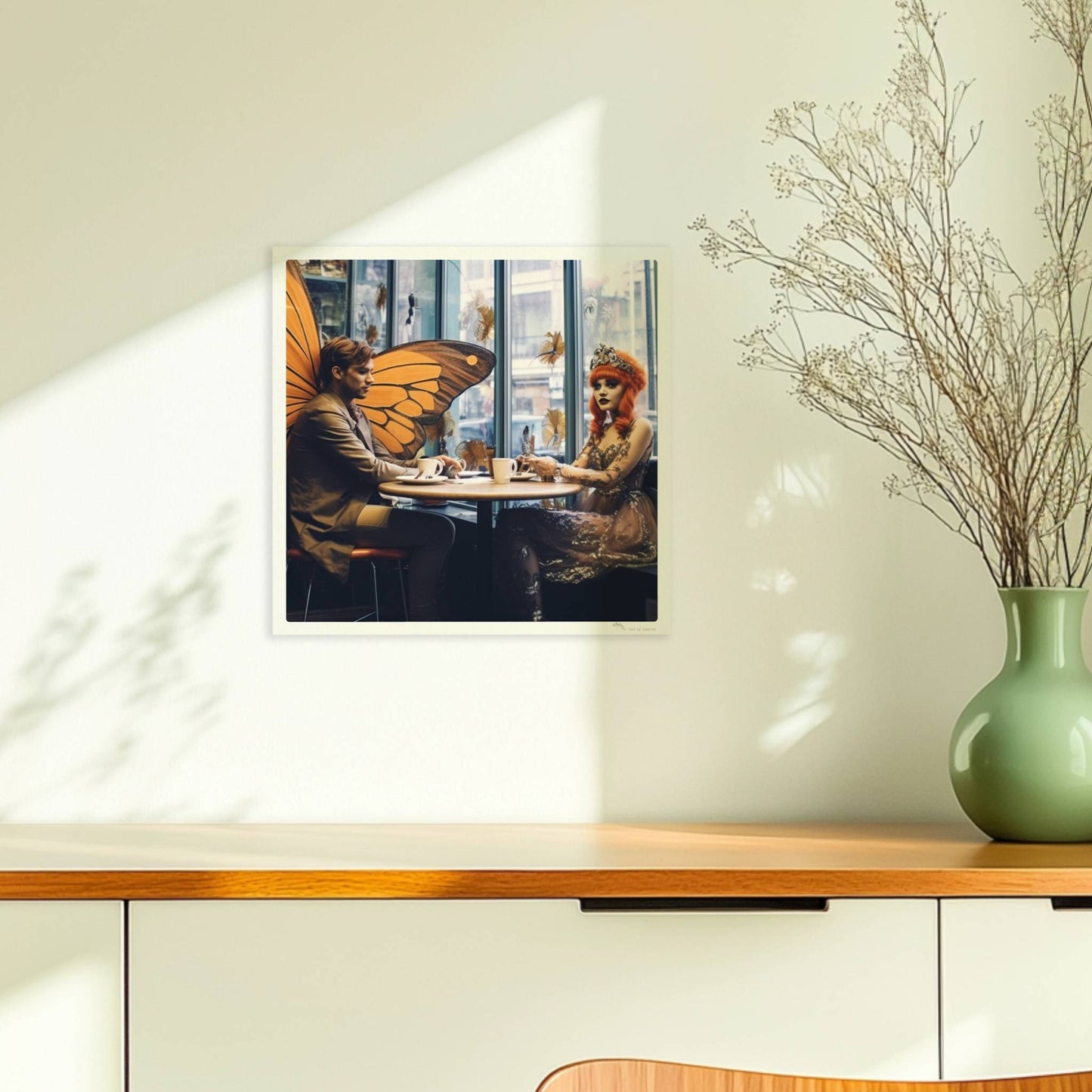 Fantasiehaftes Paar mit großen orangefarbenen Schmetterlingsflügeln sitzt in einem stilvollen Café am Fenster, genießt Kaffee.. Ohne Rahmen 30x30