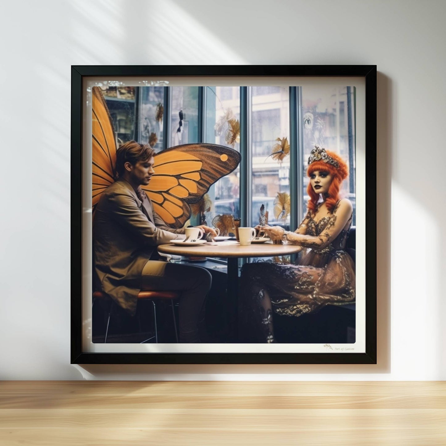 Fantasiehaftes Paar mit großen orangefarbenen Schmetterlingsflügeln sitzt in einem stilvollen Café am Fenster, genießt Kaffee.. Rahmen schwarz 30x30