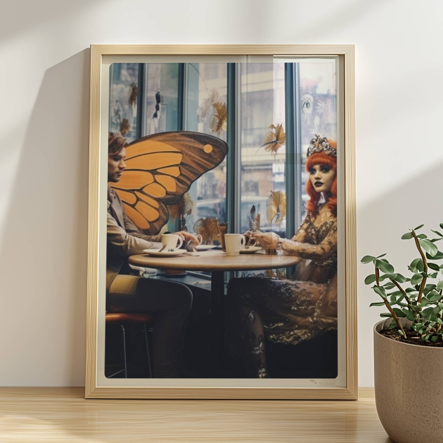 Fantasiehaftes Paar mit großen orangefarbenen Schmetterlingsflügeln sitzt in einem stilvollen Café am Fenster, genießt Kaffee.. Rahmen natur 30x40