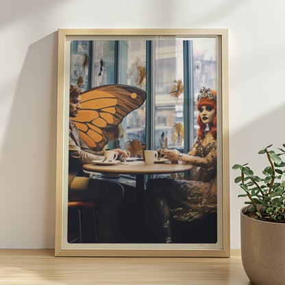 Fantasiehaftes Paar mit großen orangefarbenen Schmetterlingsflügeln sitzt in einem stilvollen Café am Fenster, genießt Kaffee.. Rahmen natur 30x40