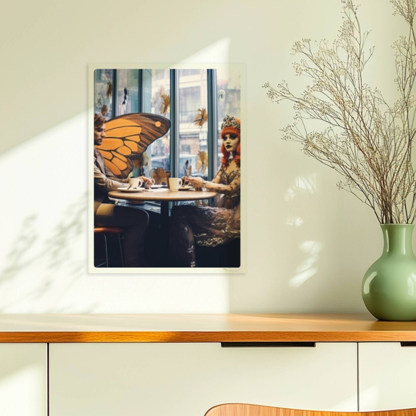 Fantasiehaftes Paar mit großen orangefarbenen Schmetterlingsflügeln sitzt in einem stilvollen Café am Fenster, genießt Kaffee.. Ohne Rahmen 30x40
