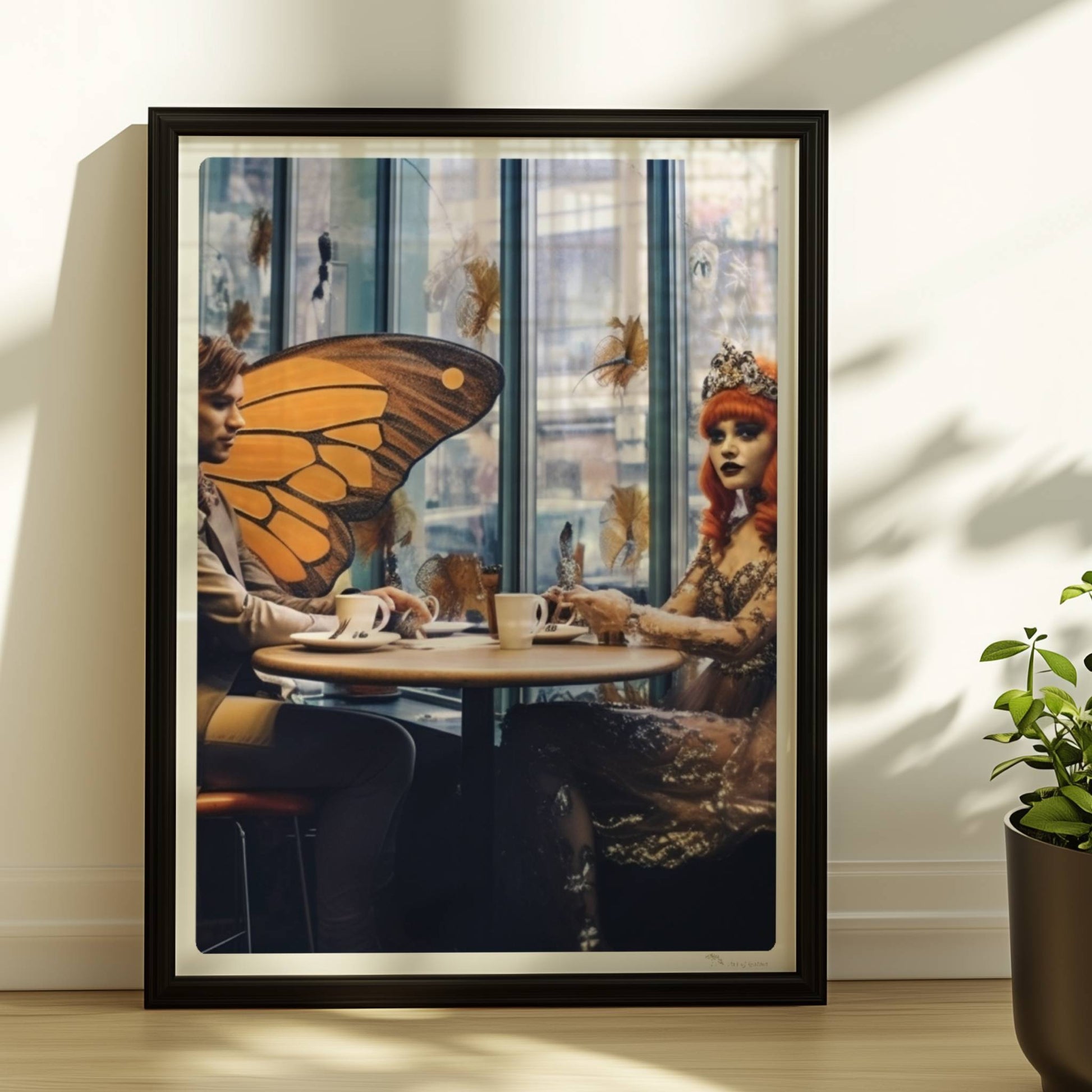 Fantasiehaftes Paar mit großen orangefarbenen Schmetterlingsflügeln sitzt in einem stilvollen Café am Fenster, genießt Kaffee.. Rahmen schwarz 30x40