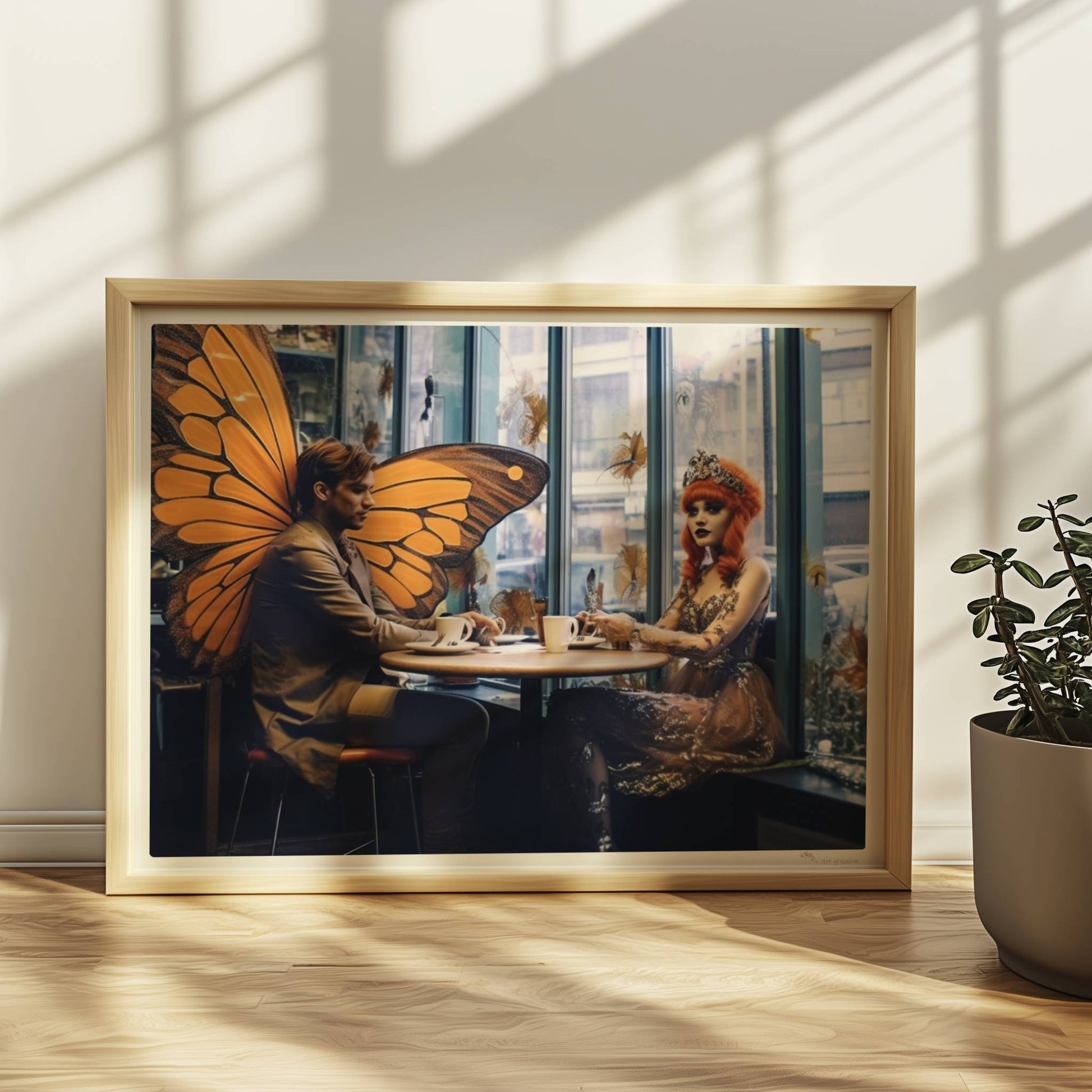 Fantasiehaftes Paar mit großen orangefarbenen Schmetterlingsflügeln sitzt in einem stilvollen Café am Fenster, genießt Kaffee.. Rahmen natur 40x30