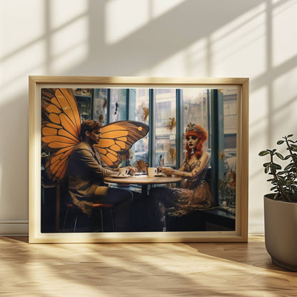 Fantasiehaftes Paar mit großen orangefarbenen Schmetterlingsflügeln sitzt in einem stilvollen Café am Fenster, genießt Kaffee.. Rahmen natur 40x30