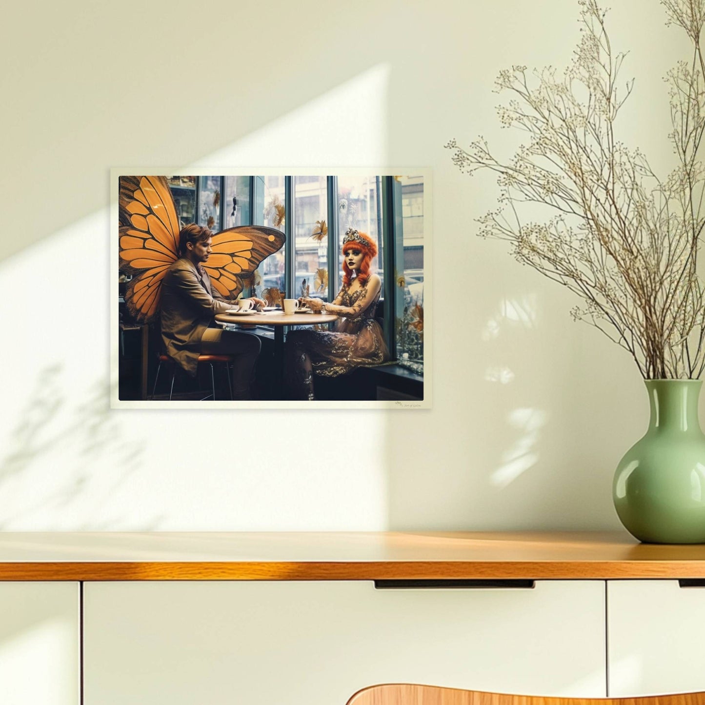 Fantasiehaftes Paar mit großen orangefarbenen Schmetterlingsflügeln sitzt in einem stilvollen Café am Fenster, genießt Kaffee.. Ohne Rahmen 40x30