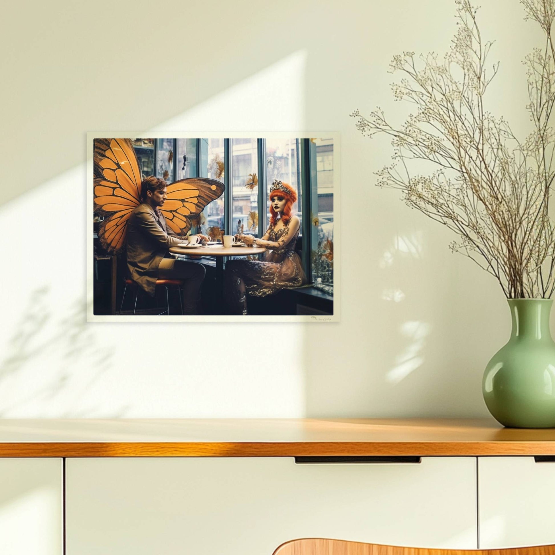 Fantasiehaftes Paar mit großen orangefarbenen Schmetterlingsflügeln sitzt in einem stilvollen Café am Fenster, genießt Kaffee.. Ohne Rahmen 40x30