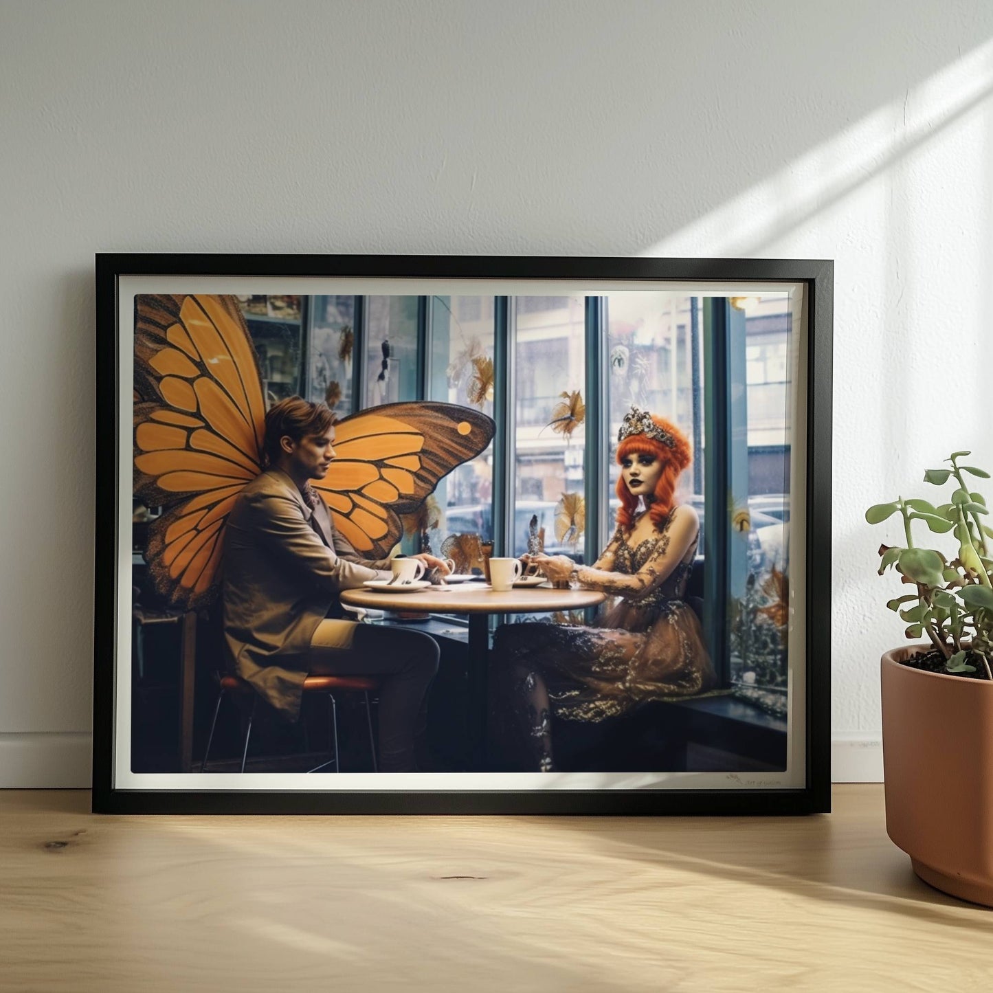 Fantasiehaftes Paar mit großen orangefarbenen Schmetterlingsflügeln sitzt in einem stilvollen Café am Fenster, genießt Kaffee.. Rahmen schwarz 40x30
