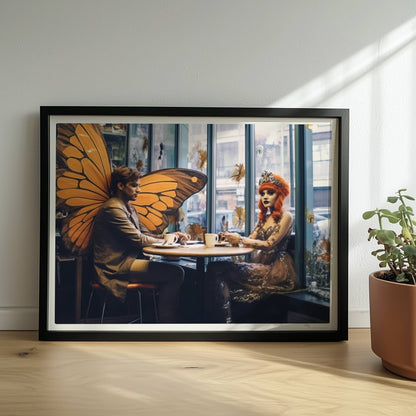 Fantasiehaftes Paar mit großen orangefarbenen Schmetterlingsflügeln sitzt in einem stilvollen Café am Fenster, genießt Kaffee.. Rahmen schwarz 40x30