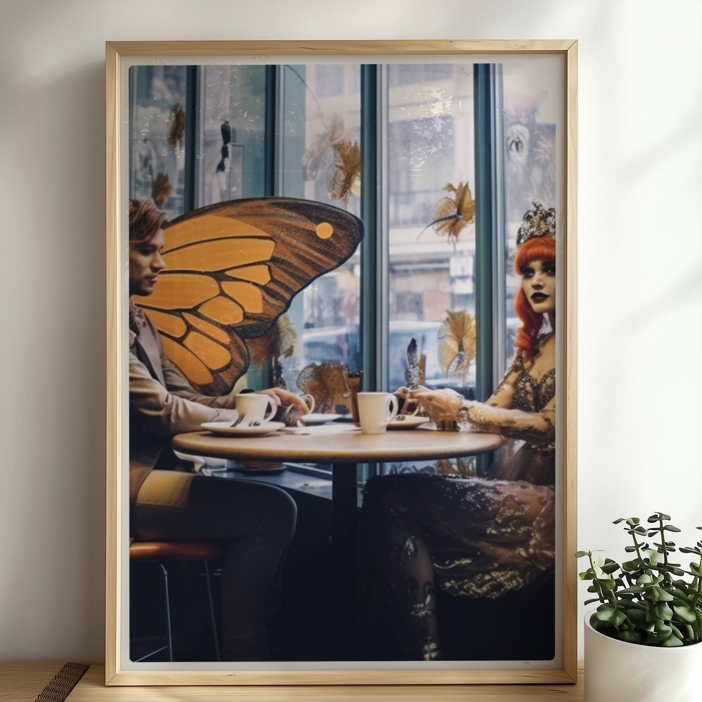 Fantasiehaftes Paar mit großen orangefarbenen Schmetterlingsflügeln sitzt in einem stilvollen Café am Fenster, genießt Kaffee.. Rahmen natur 50x70