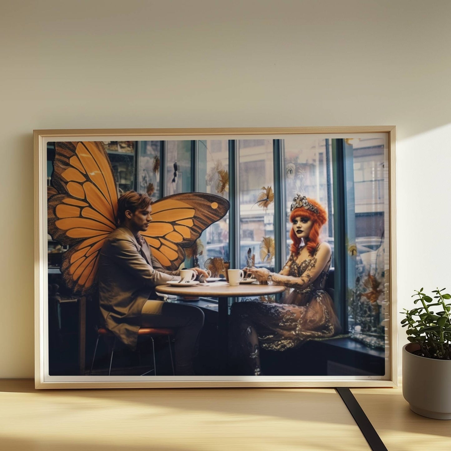 Fantasiehaftes Paar mit großen orangefarbenen Schmetterlingsflügeln sitzt in einem stilvollen Café am Fenster, genießt Kaffee.. Rahmen natur 70x50